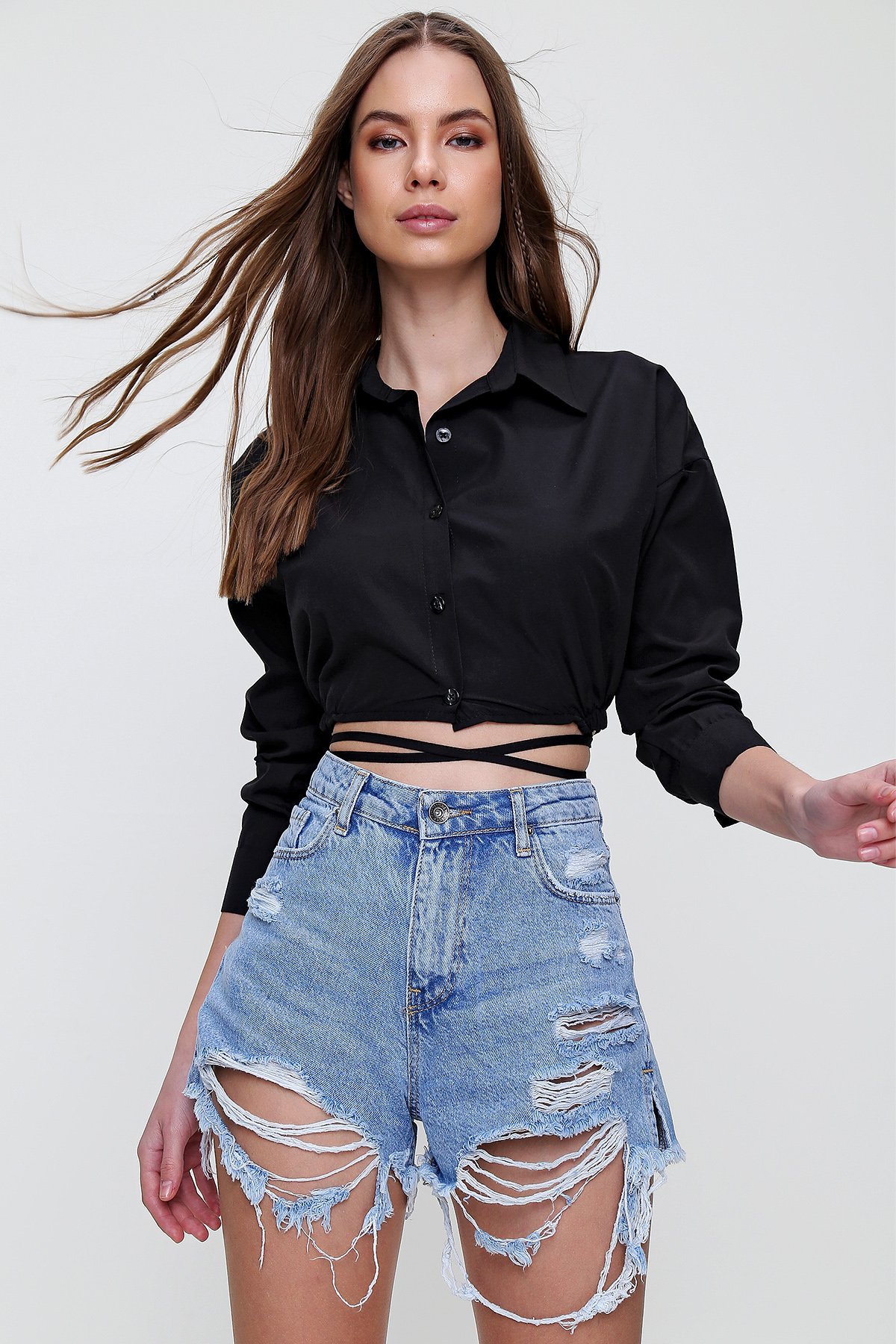 Bağcıklı Crop Poplin Gömlek - SİYAH