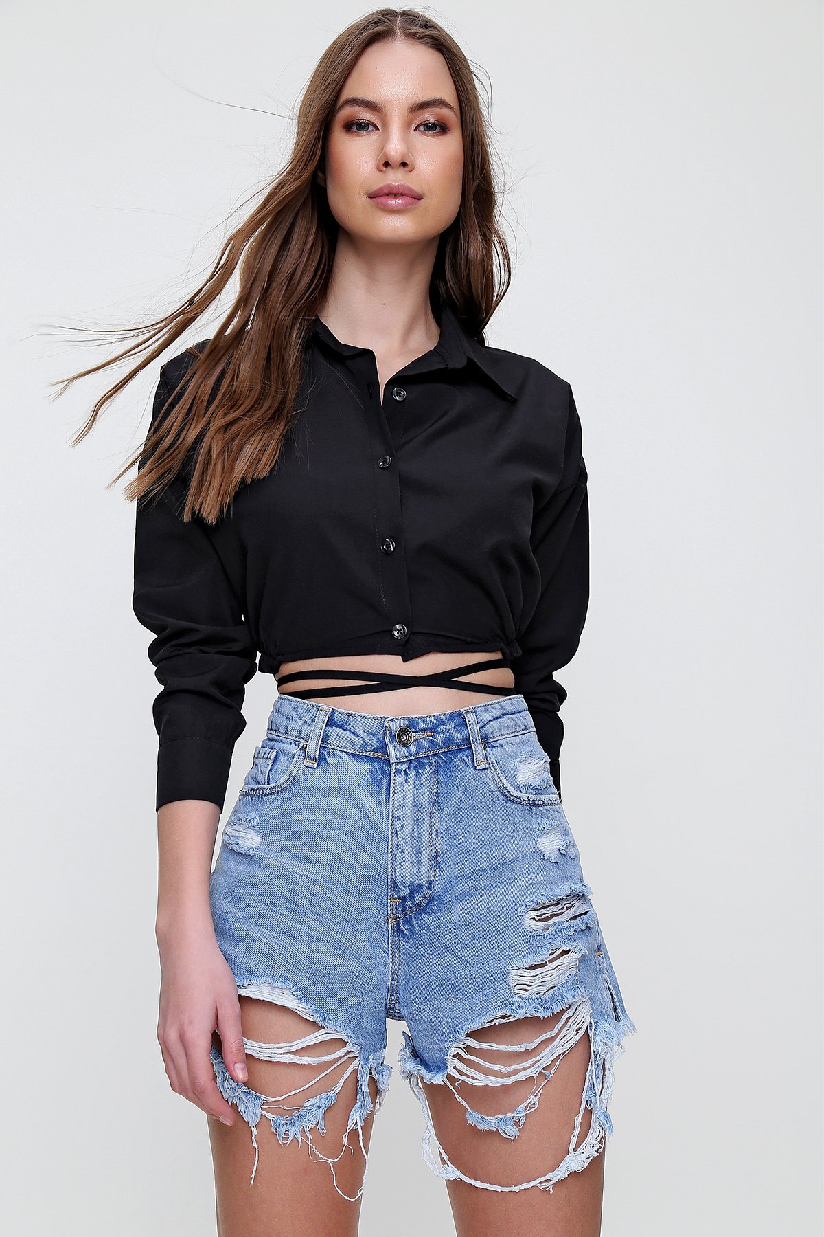 Bağcıklı Crop Poplin Gömlek - SİYAH