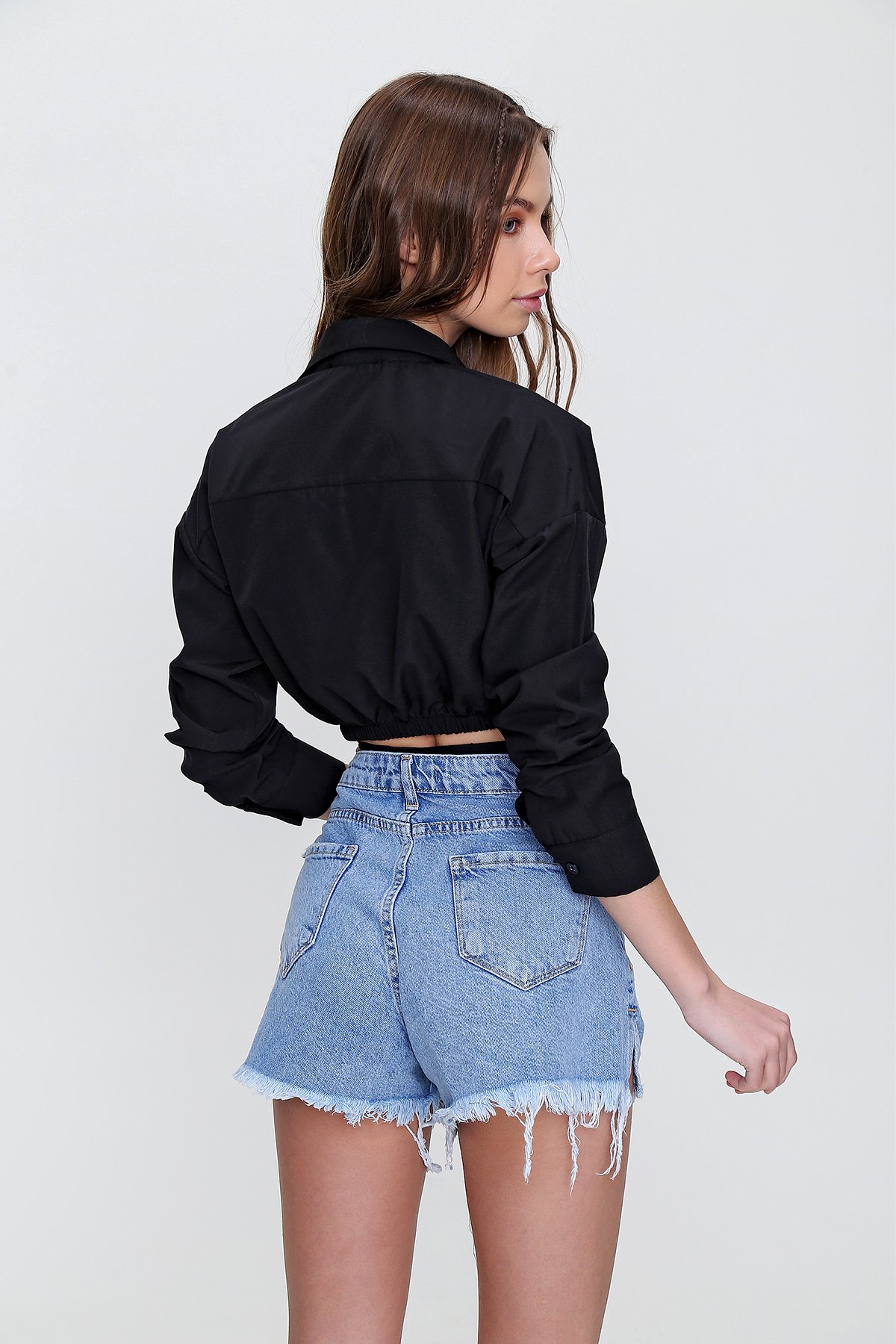 Bağcıklı Crop Poplin Gömlek - SİYAH