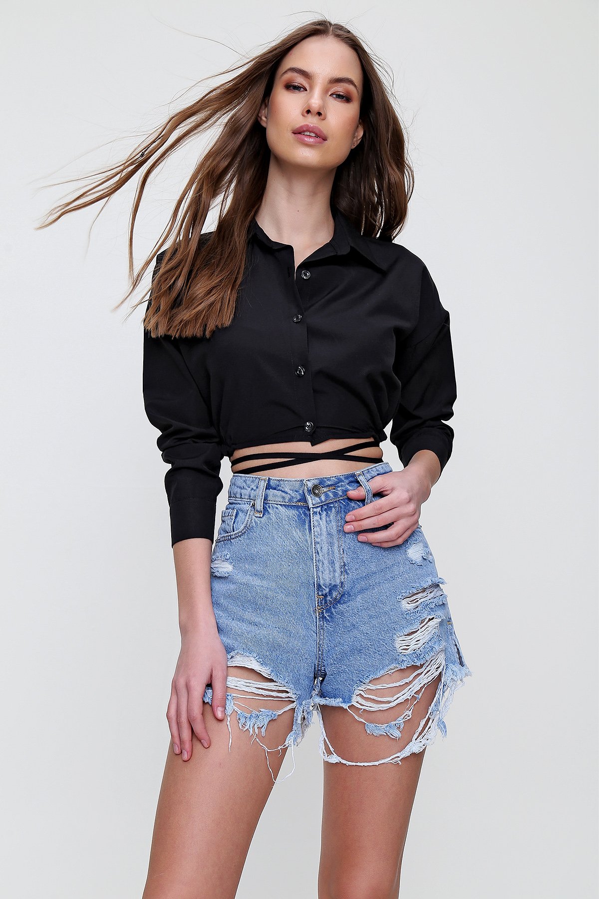 Bağcıklı Crop Poplin Gömlek - SİYAH