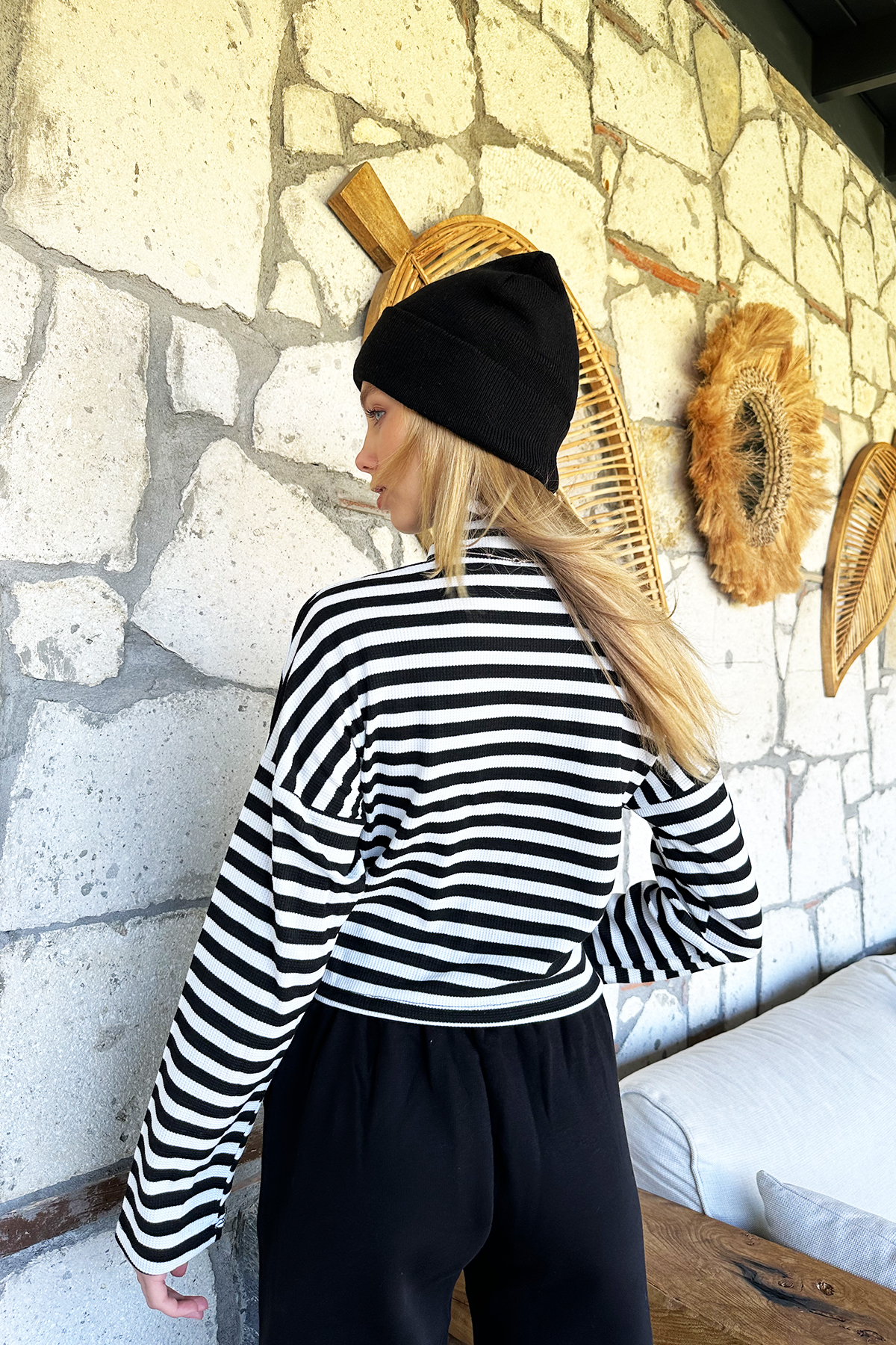 Balıkçı Yaka Çizgili Crop Bluz - Siyah Beyaz