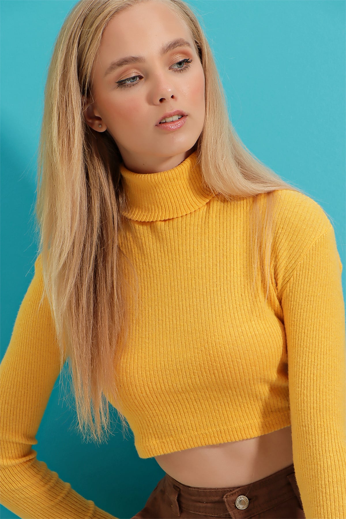 Balıkçı Yaka Fitilli Basic Crop Body Bluz - Hardal