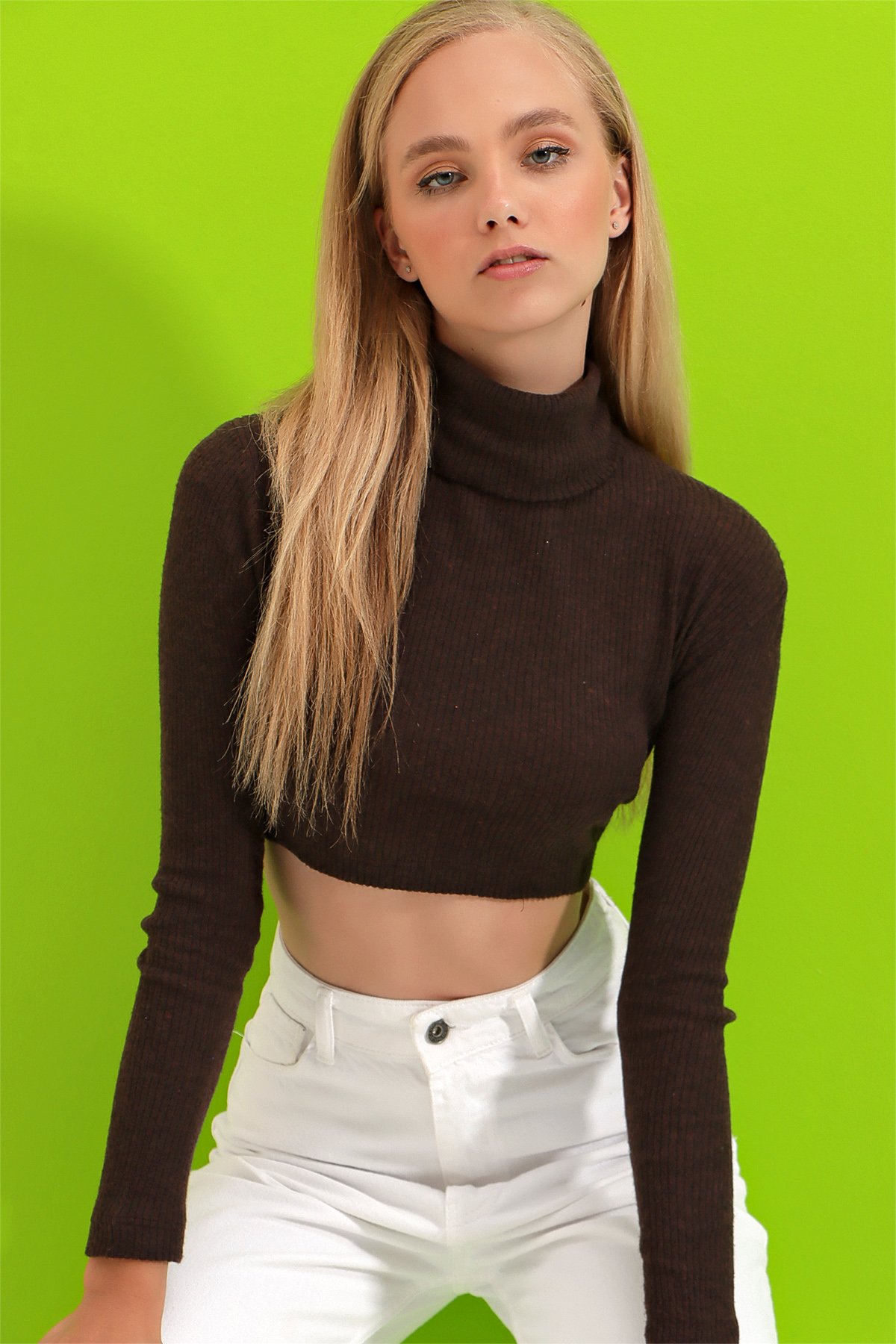 Balıkçı Yaka Fitilli Basic Crop Body Bluz - Kahve