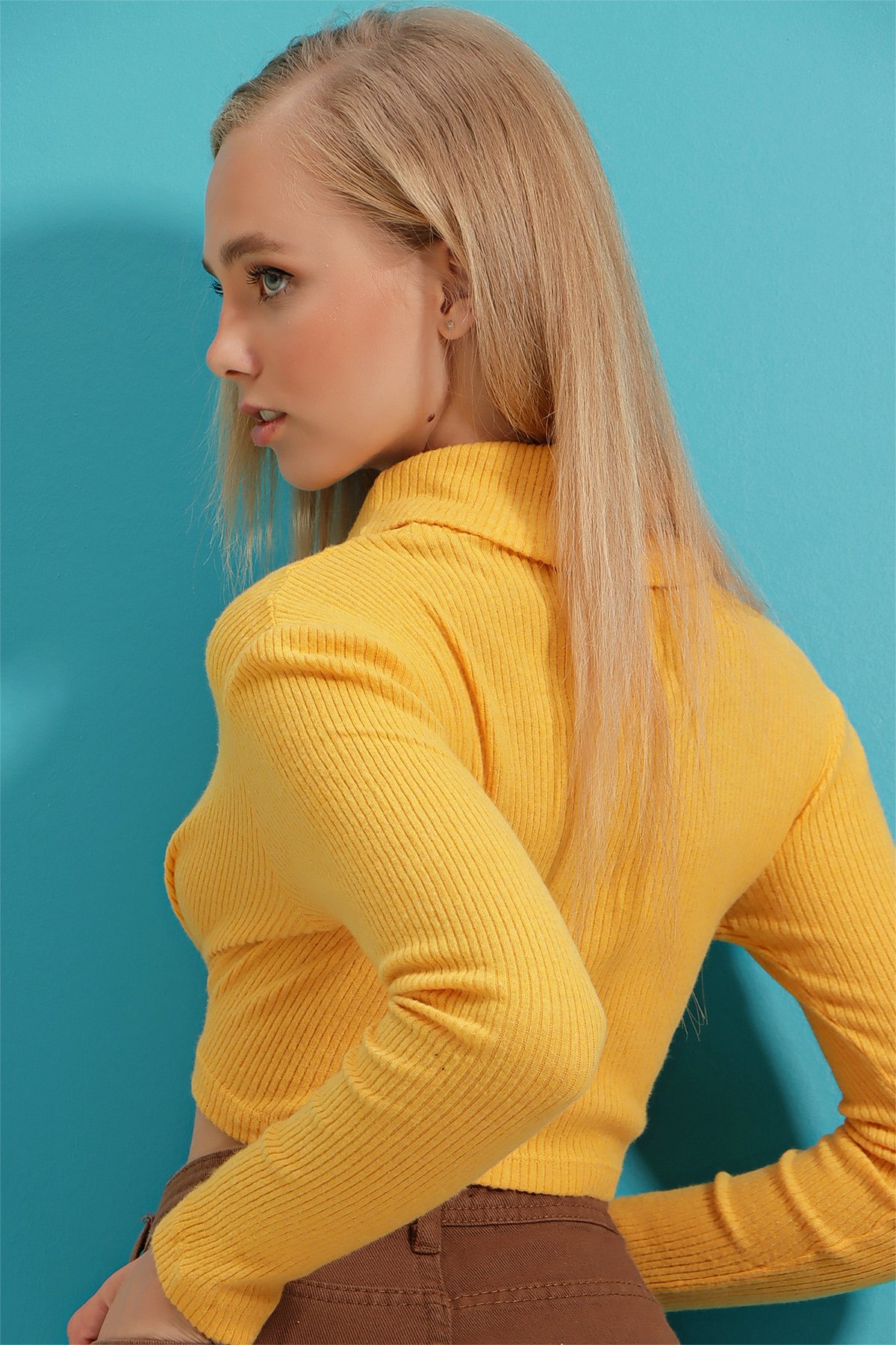 Balıkçı Yaka Fitilli Basic Crop Body Bluz - Hardal