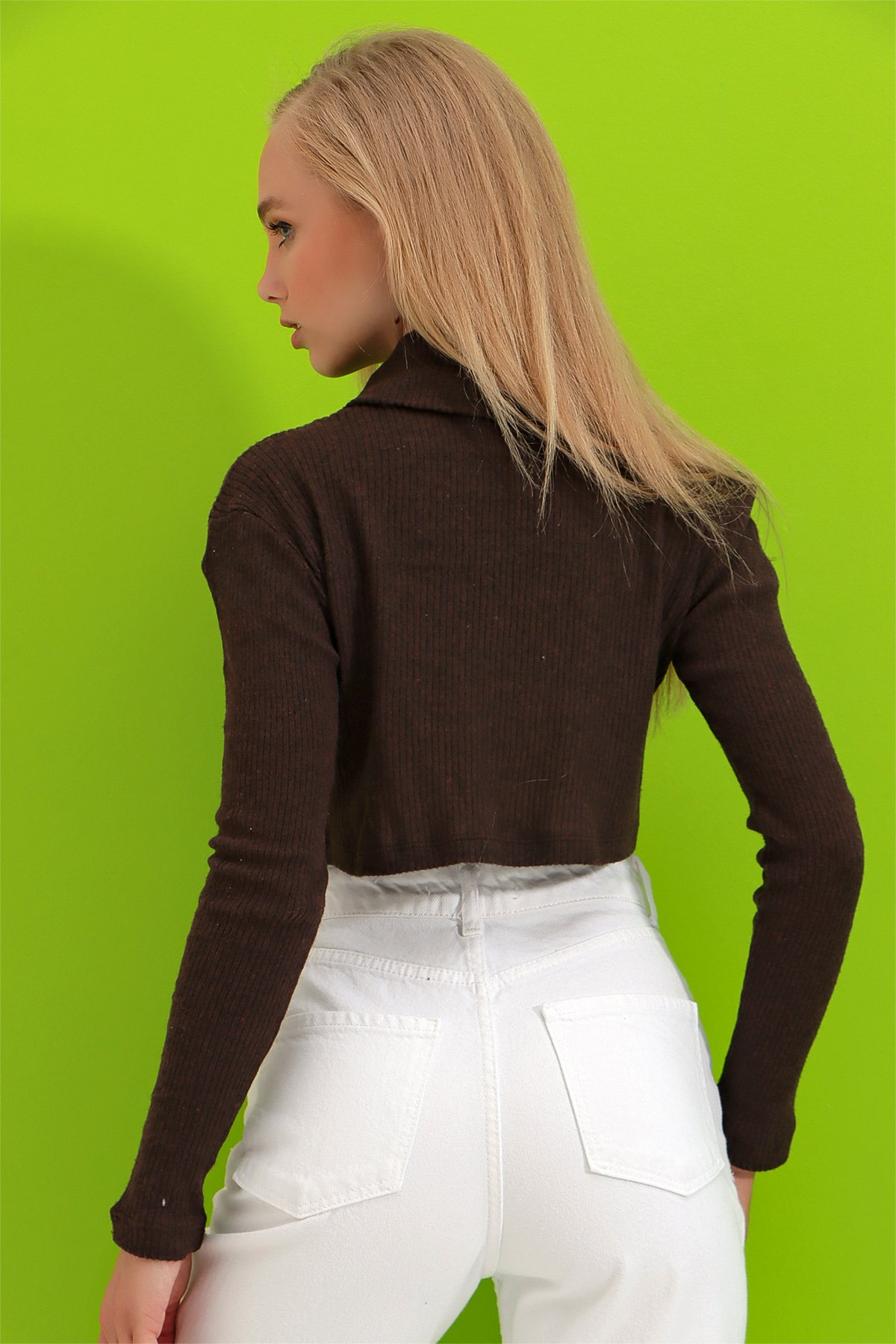 Balıkçı Yaka Fitilli Basic Crop Body Bluz - Kahve