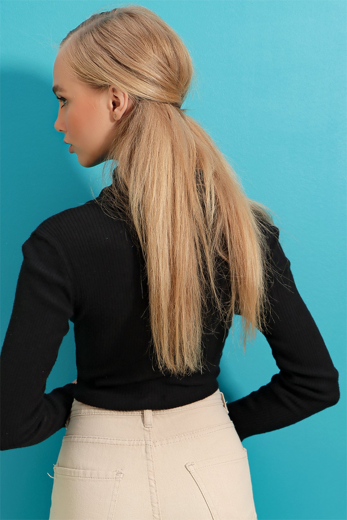 Balıkçı Yaka Fitilli Basic Crop Body Bluz - Siyah