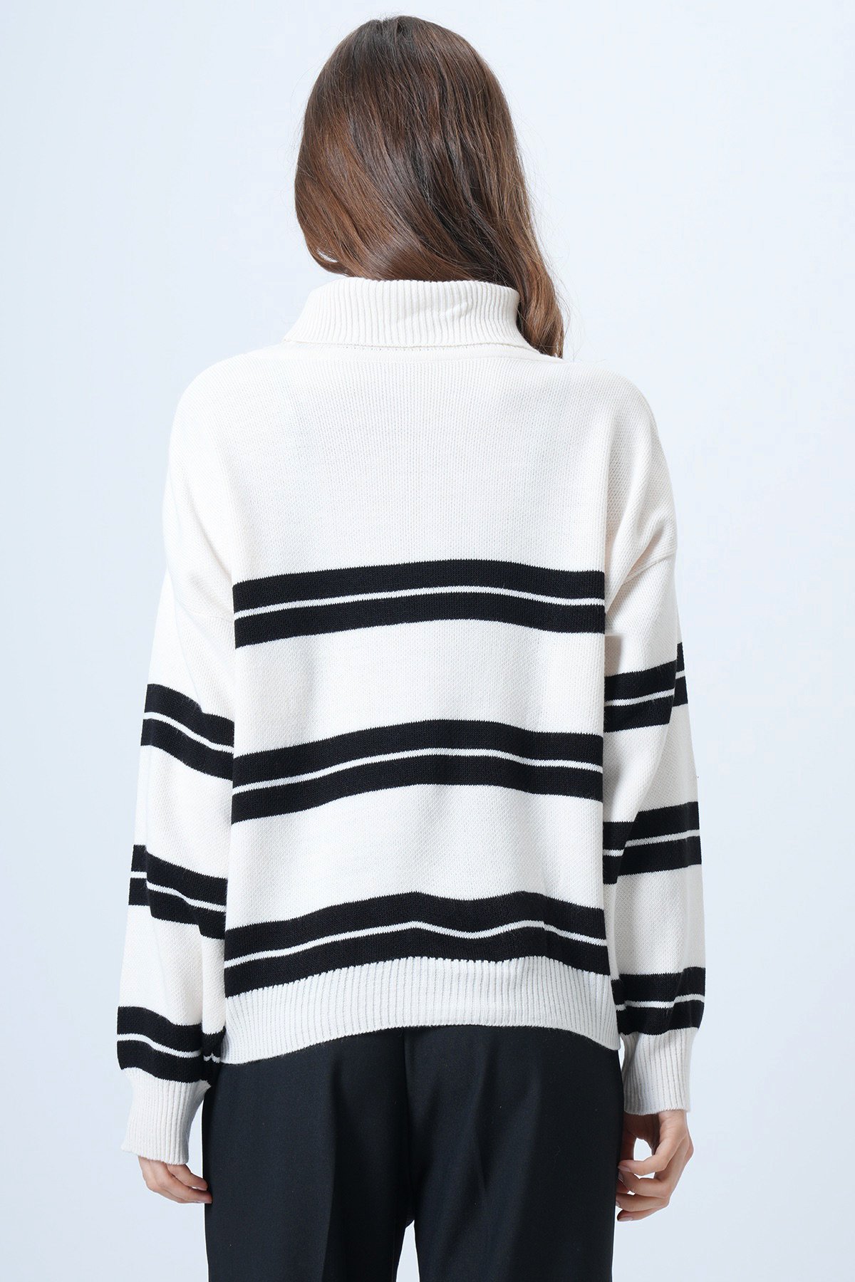 Balıkçı Yaka Kalom Çizgili Uzun Kollu Triko Kazak - BEYAZ