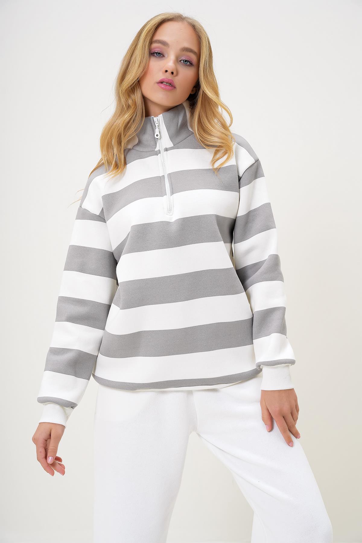 BALIKÇI YAKA ÖNÜ FERMUARLI ÇİZGİLİ ÜÇ İPLİK İÇİ ŞARDONLU KIŞLIK SWEATSHIRT - GRİ