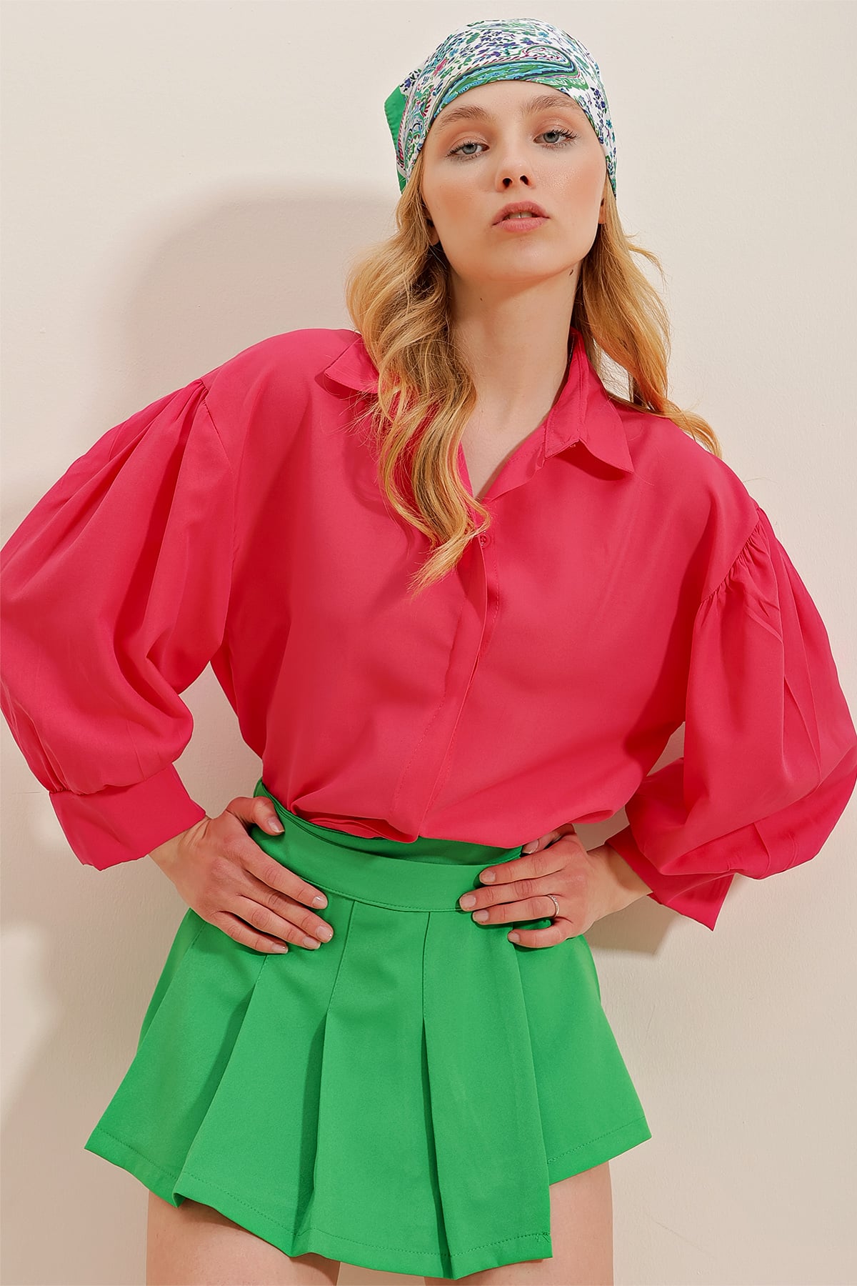 Balon Kol Gizli Patlı Basic Poplin Gömlek - Fuşya