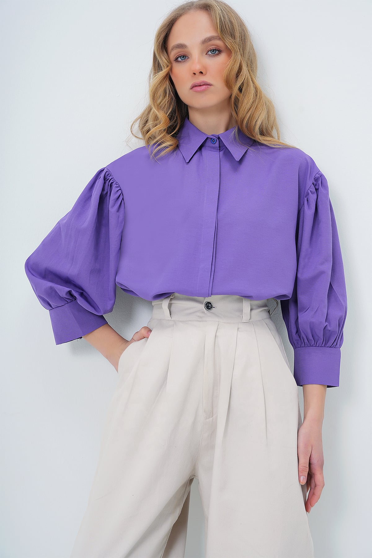 Balon Kol Gizli Patlı Basic Poplin Gömlek - Mor