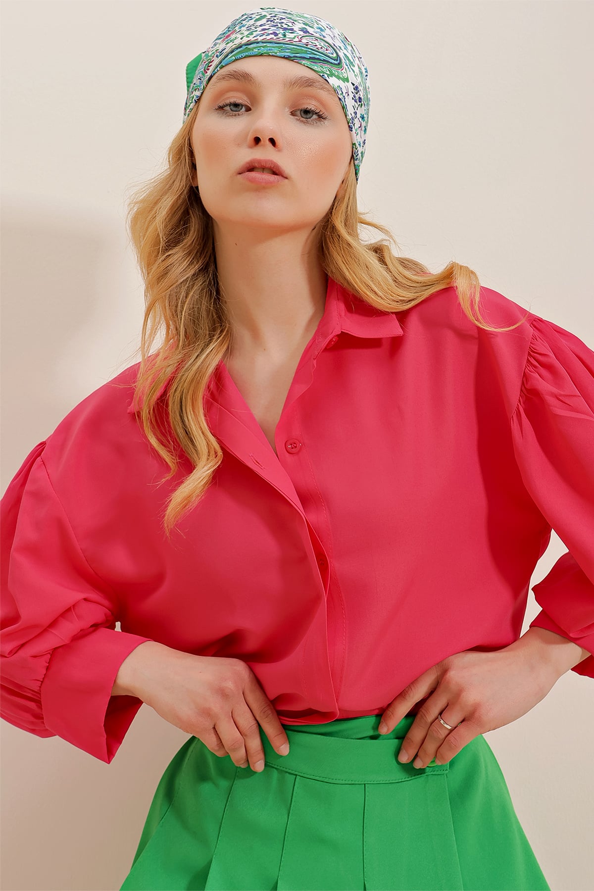 Balon Kol Gizli Patlı Basic Poplin Gömlek - Fuşya