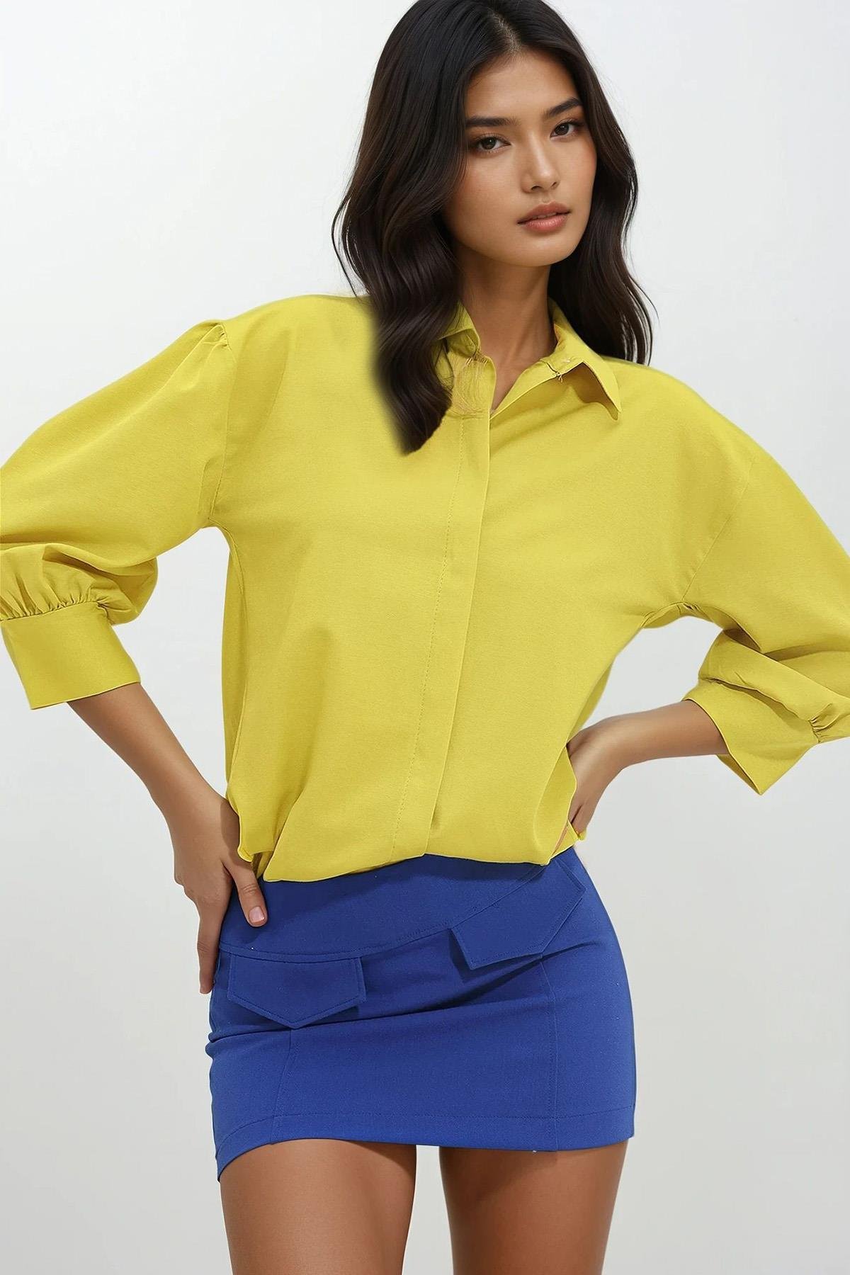 Balon Kol Gizli Patlı Basic Poplin Gömlek - Yağ Yeşili
