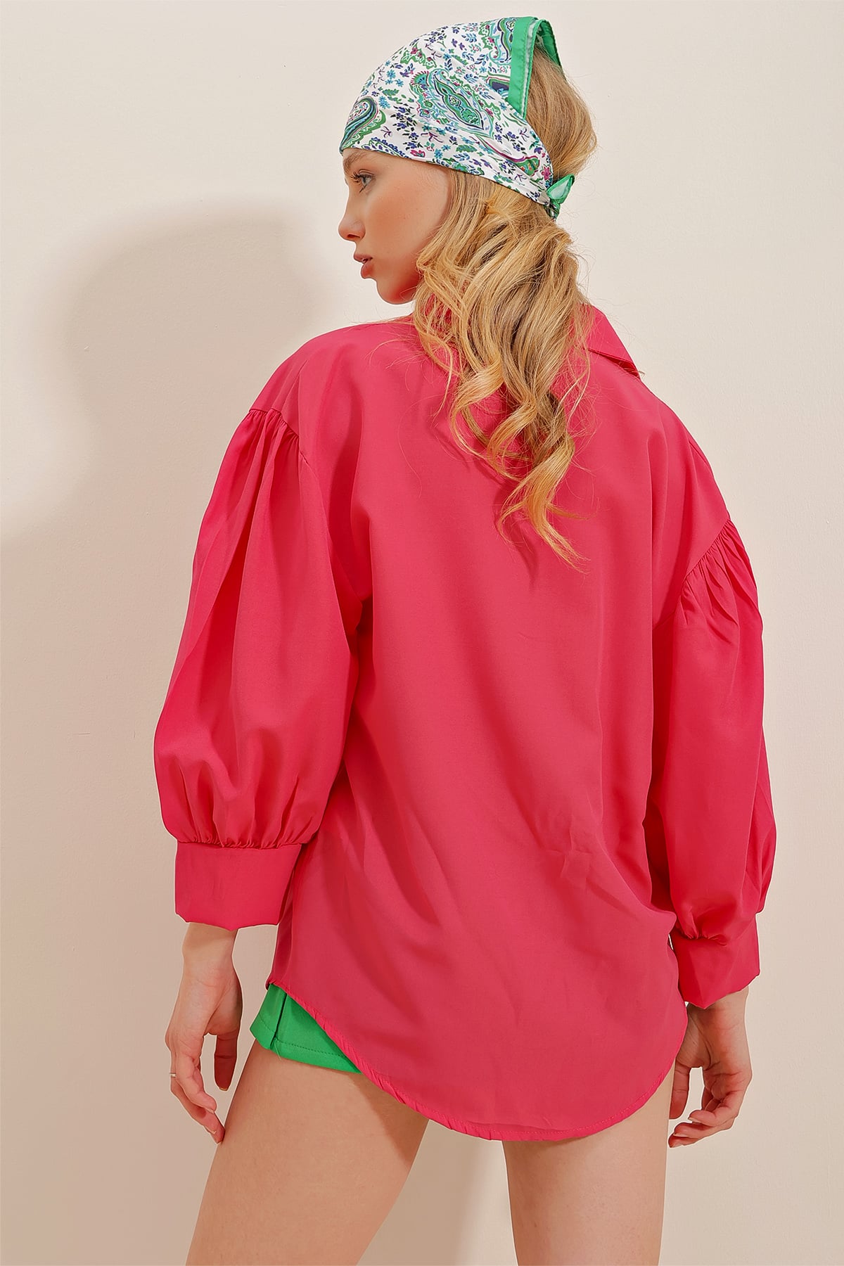 Balon Kol Gizli Patlı Basic Poplin Gömlek - Fuşya