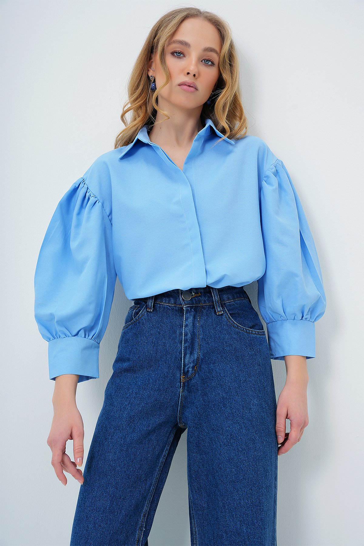 Balon Kol Gizli Patlı Basic Poplin Gömlek - Mavi