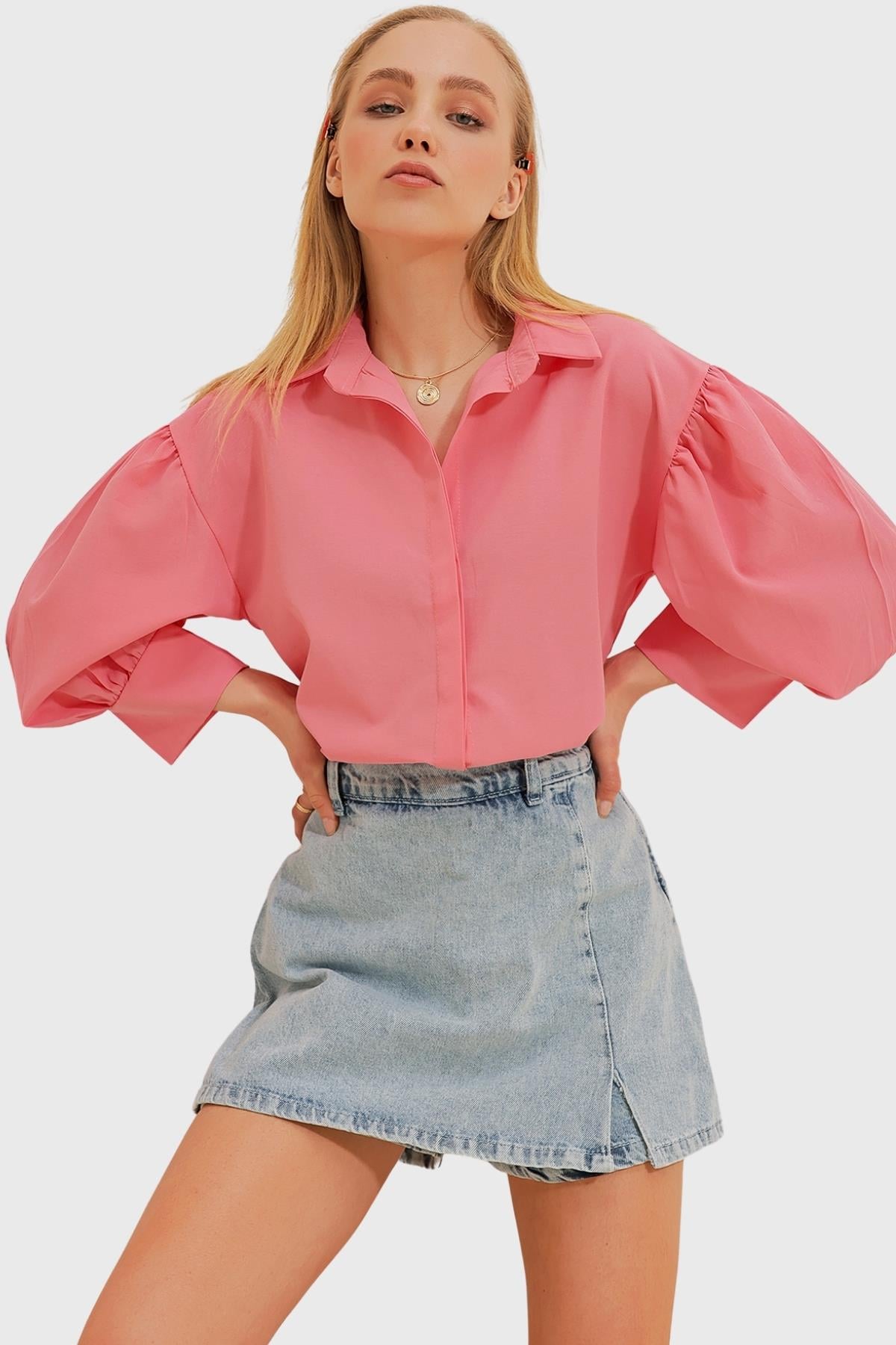 Balon Kol Gizli Patlı Basic Poplin Gömlek - Pembe