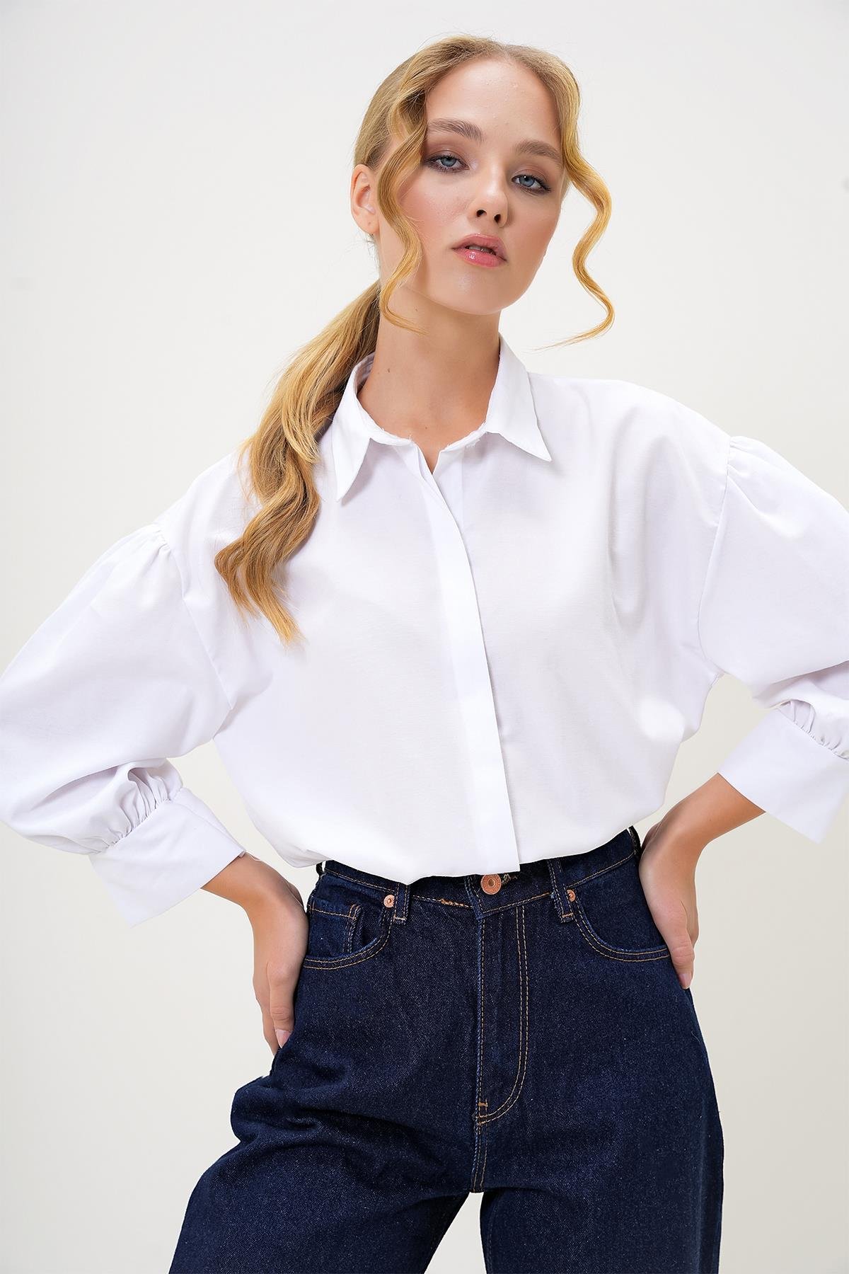 Balon Kol Gizli Patlı Basic Poplin Gömlek - Beyaz