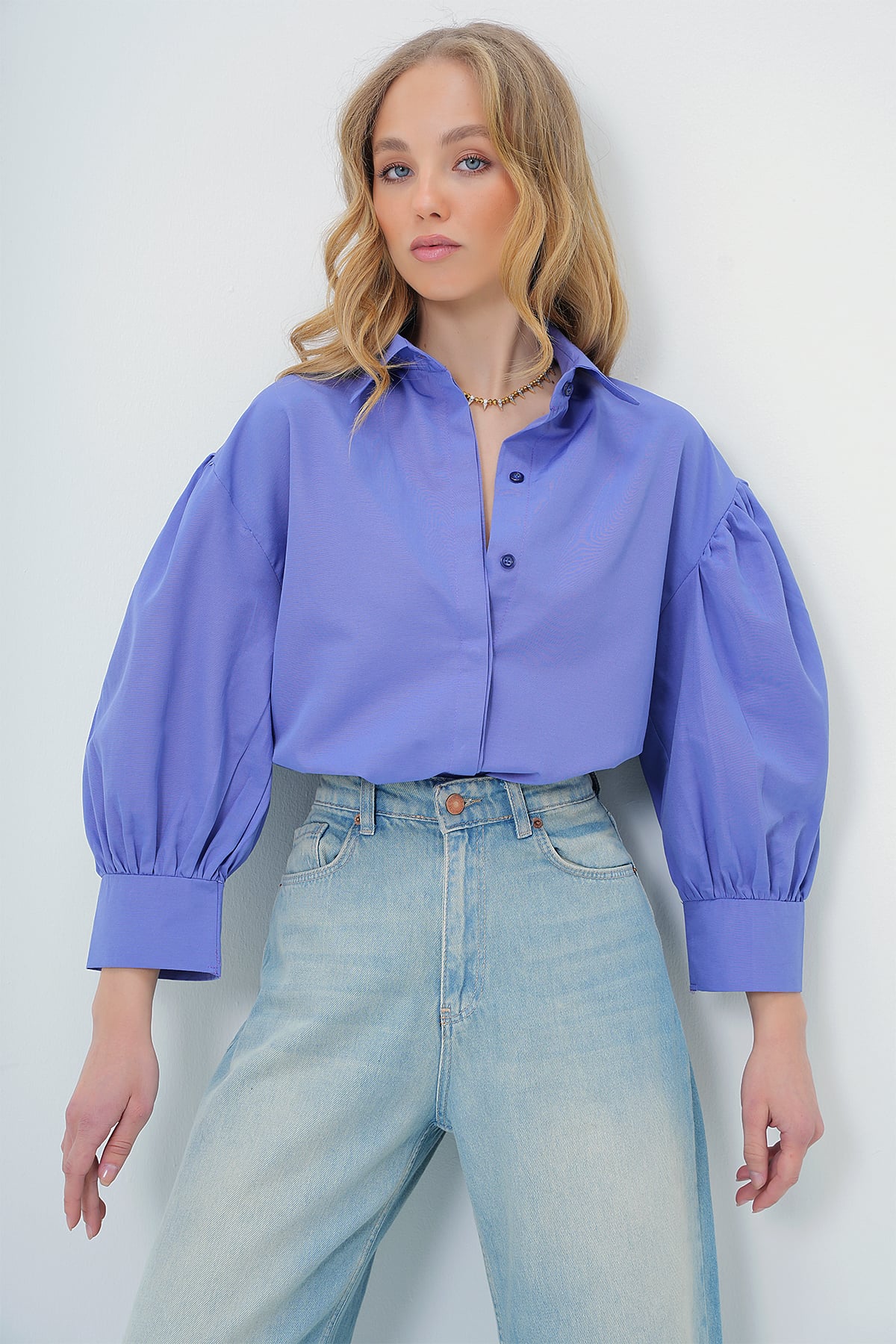 Balon Kol Gizli Patlı Basic Poplin Gömlek - LİLA