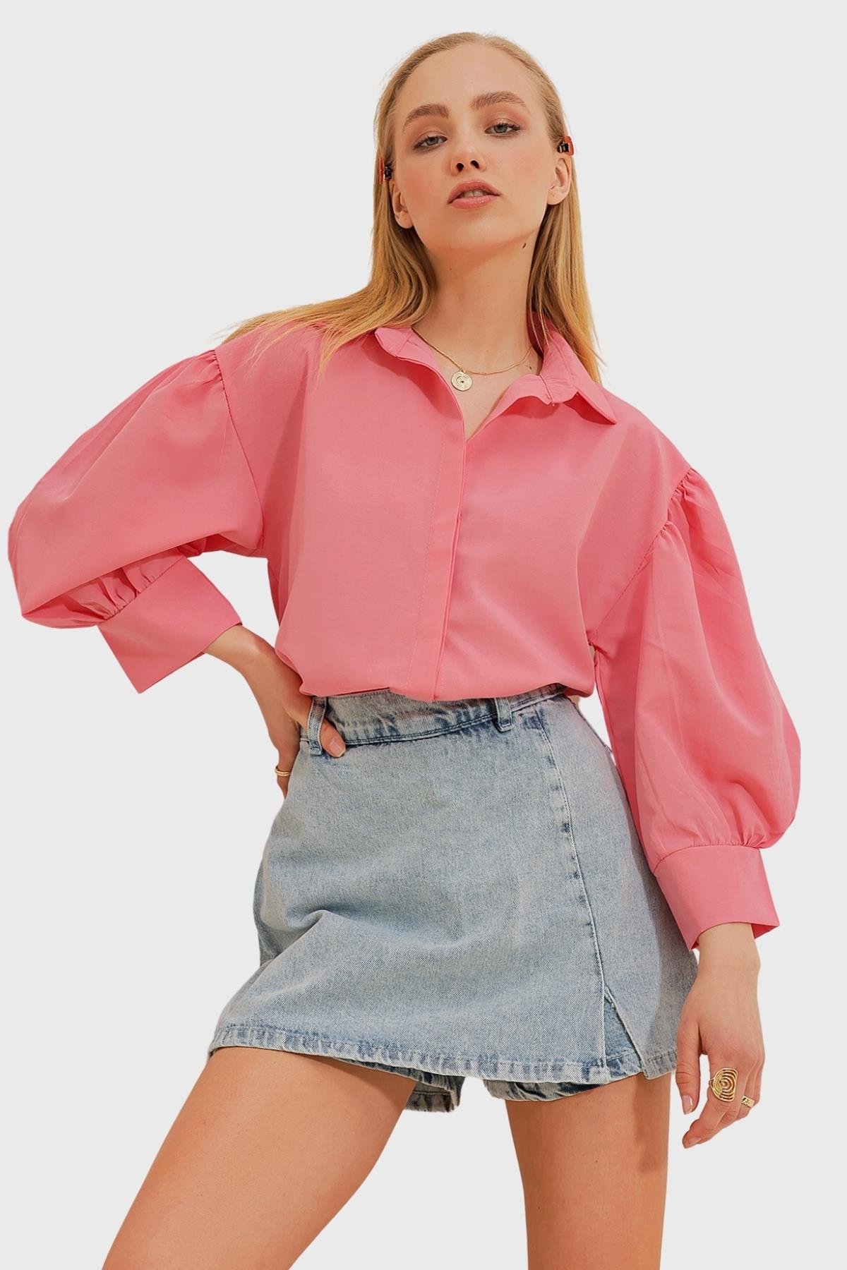 Balon Kol Gizli Patlı Basic Poplin Gömlek - Pembe