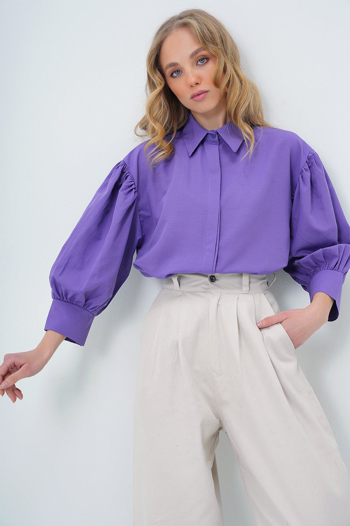 Balon Kol Gizli Patlı Basic Poplin Gömlek - Mor