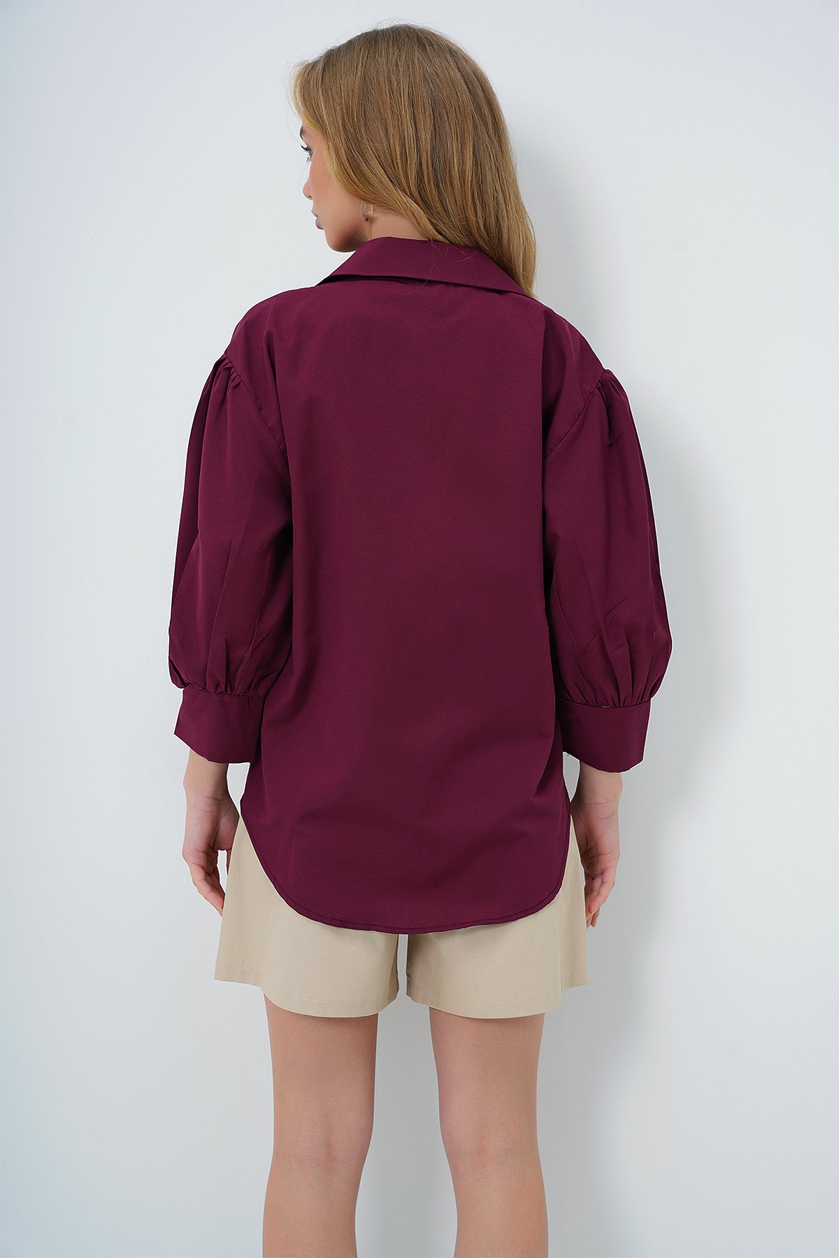 Balon Kol Gizli Patlı Basic Poplin Gömlek - BORDO