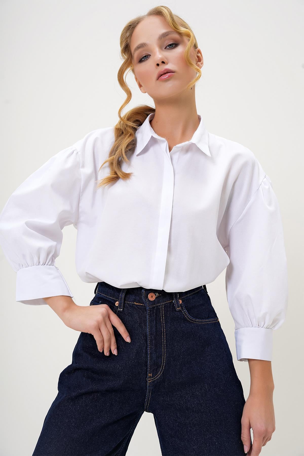 Balon Kol Gizli Patlı Basic Poplin Gömlek - Beyaz