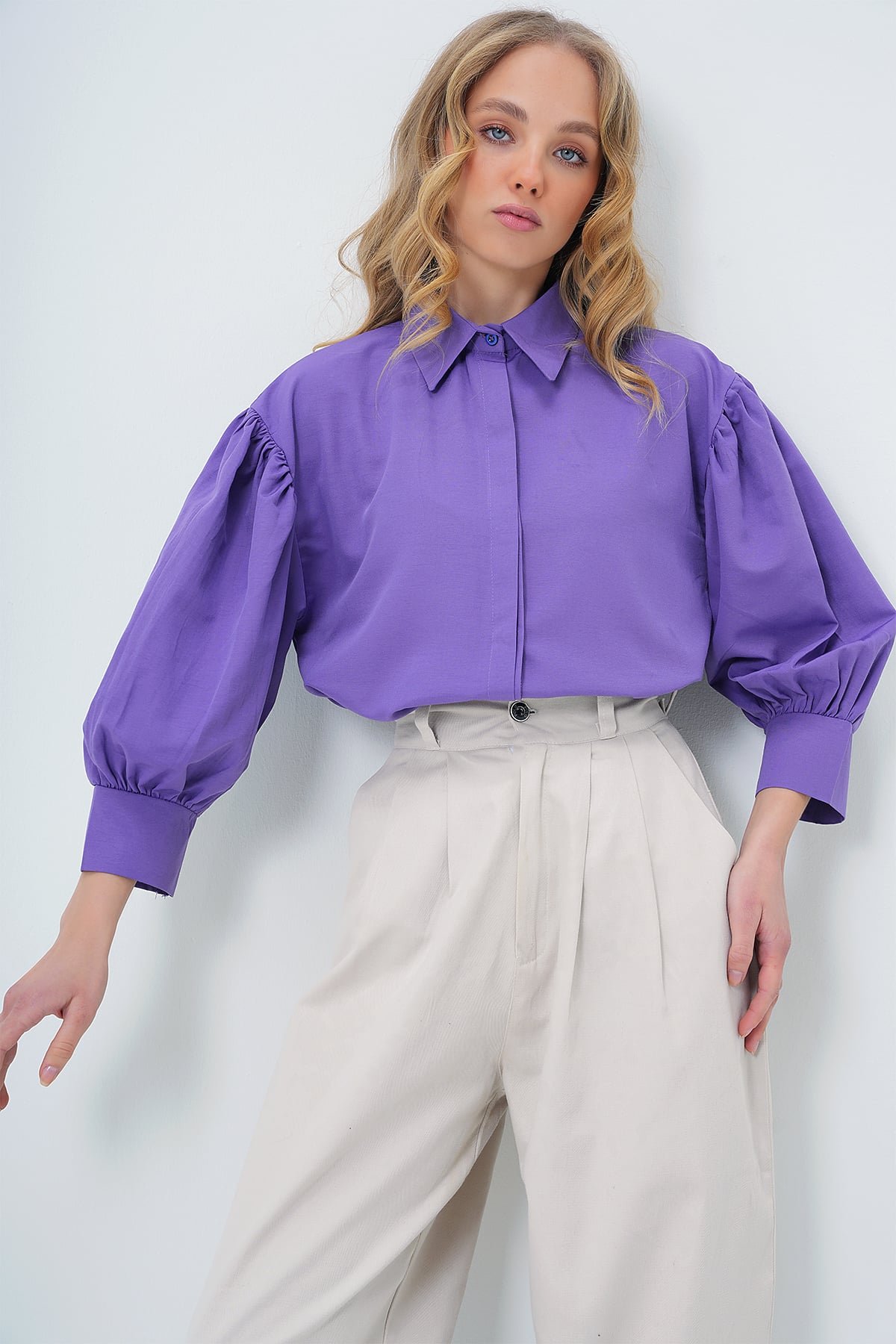 Balon Kol Gizli Patlı Basic Poplin Gömlek - Mor
