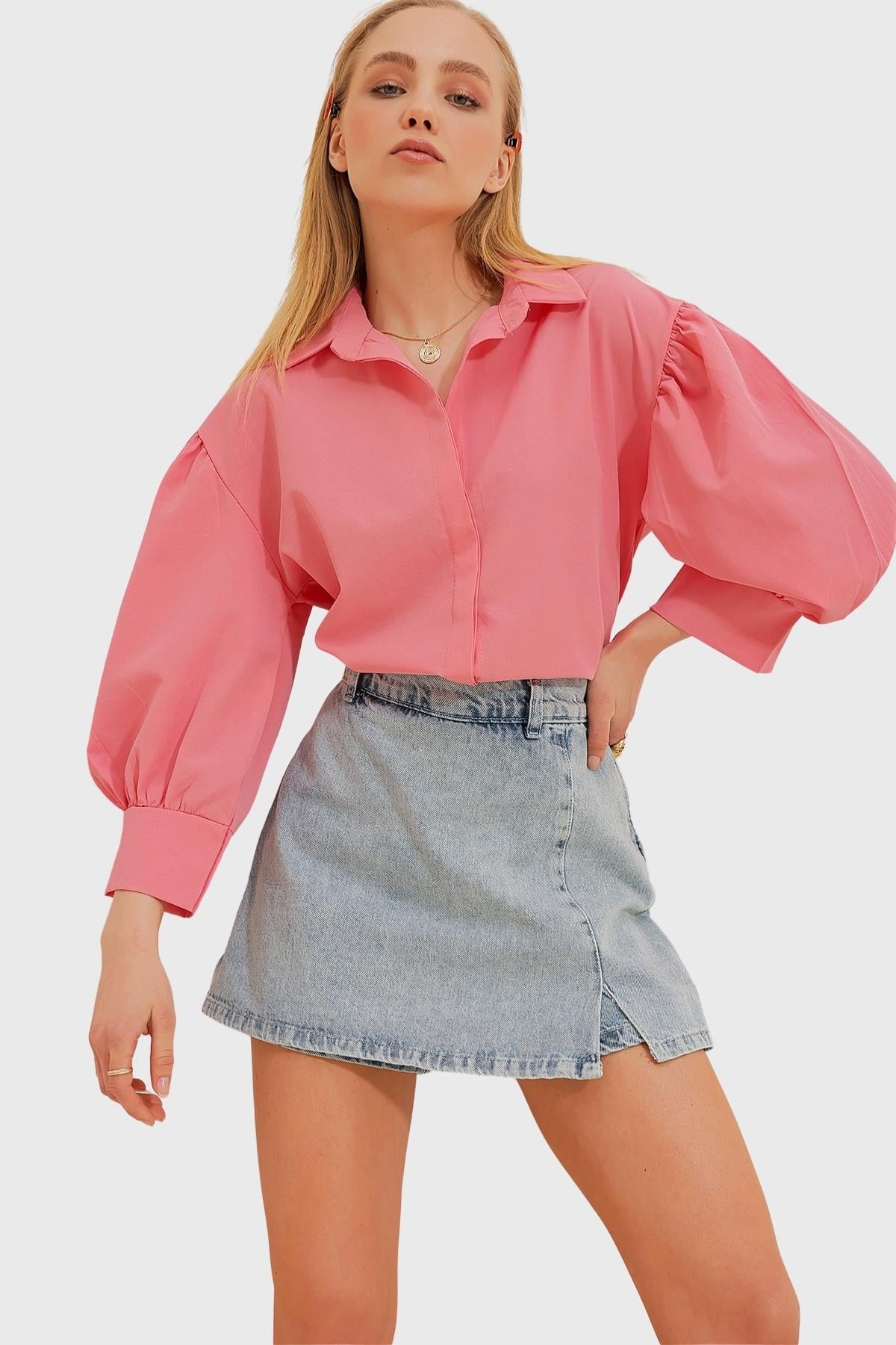 Balon Kol Gizli Patlı Basic Poplin Gömlek - Pembe