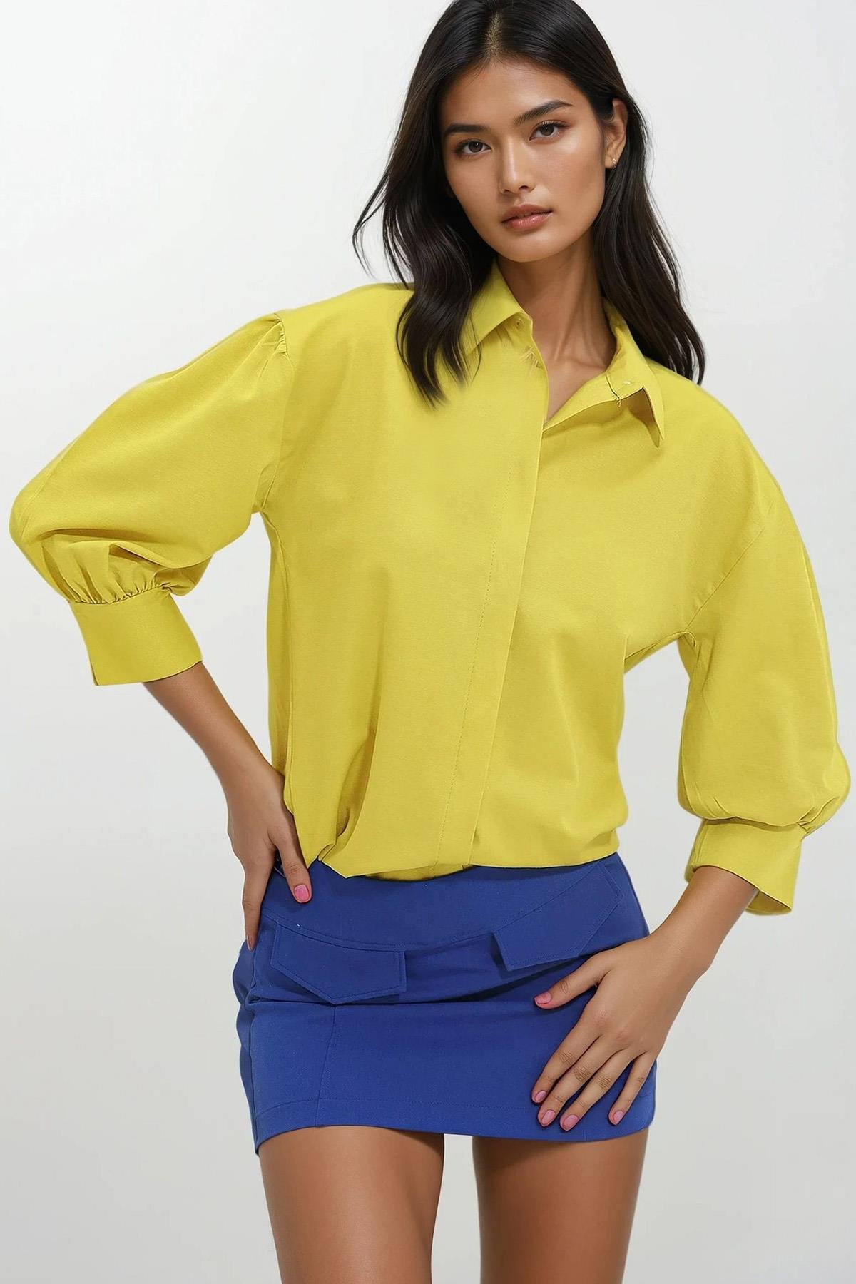 Balon Kol Gizli Patlı Basic Poplin Gömlek - Yağ Yeşili