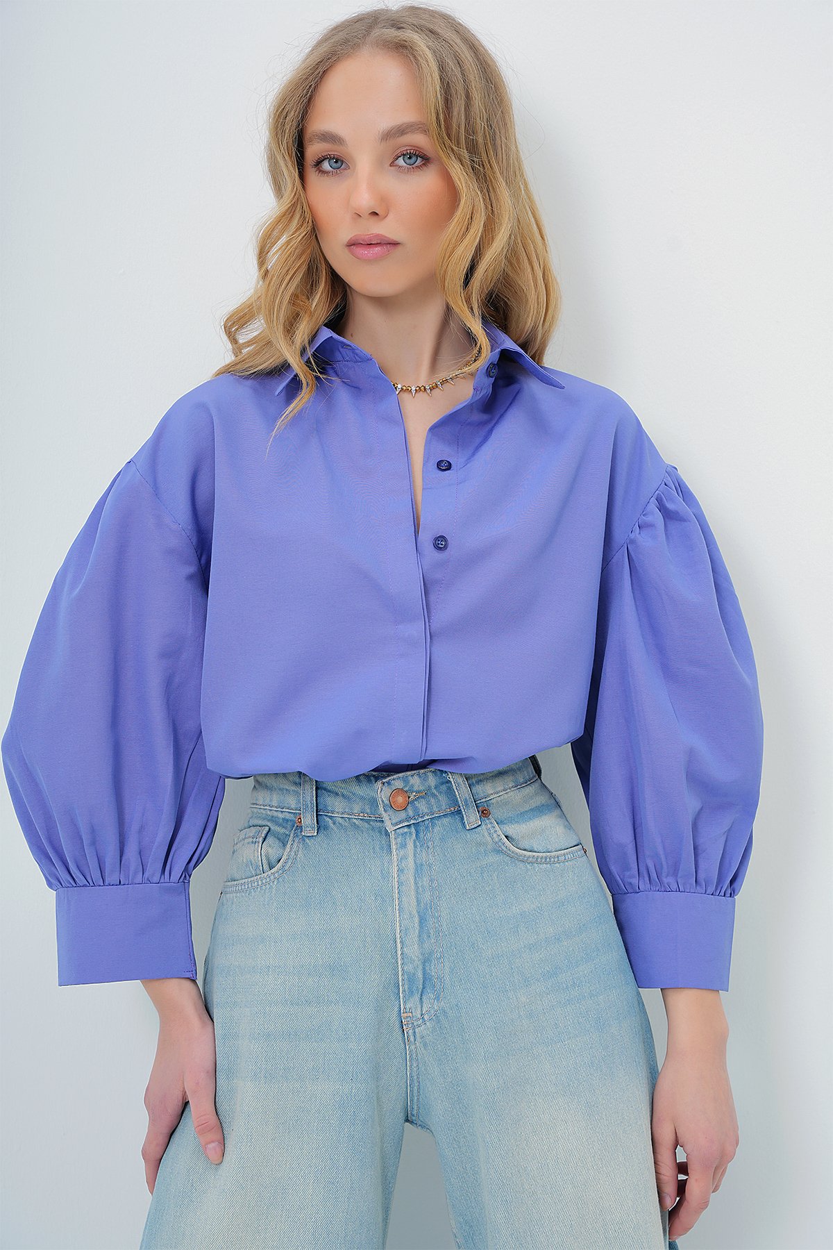 Balon Kol Gizli Patlı Basic Poplin Gömlek - LİLA