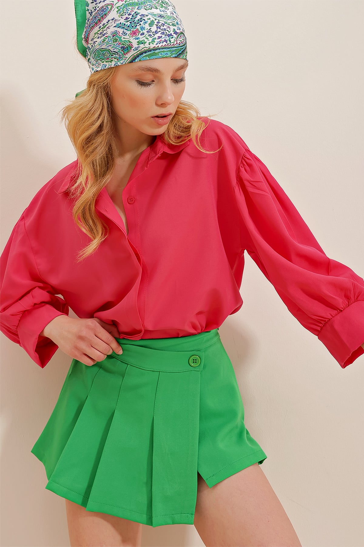 Balon Kol Gizli Patlı Basic Poplin Gömlek - Fuşya