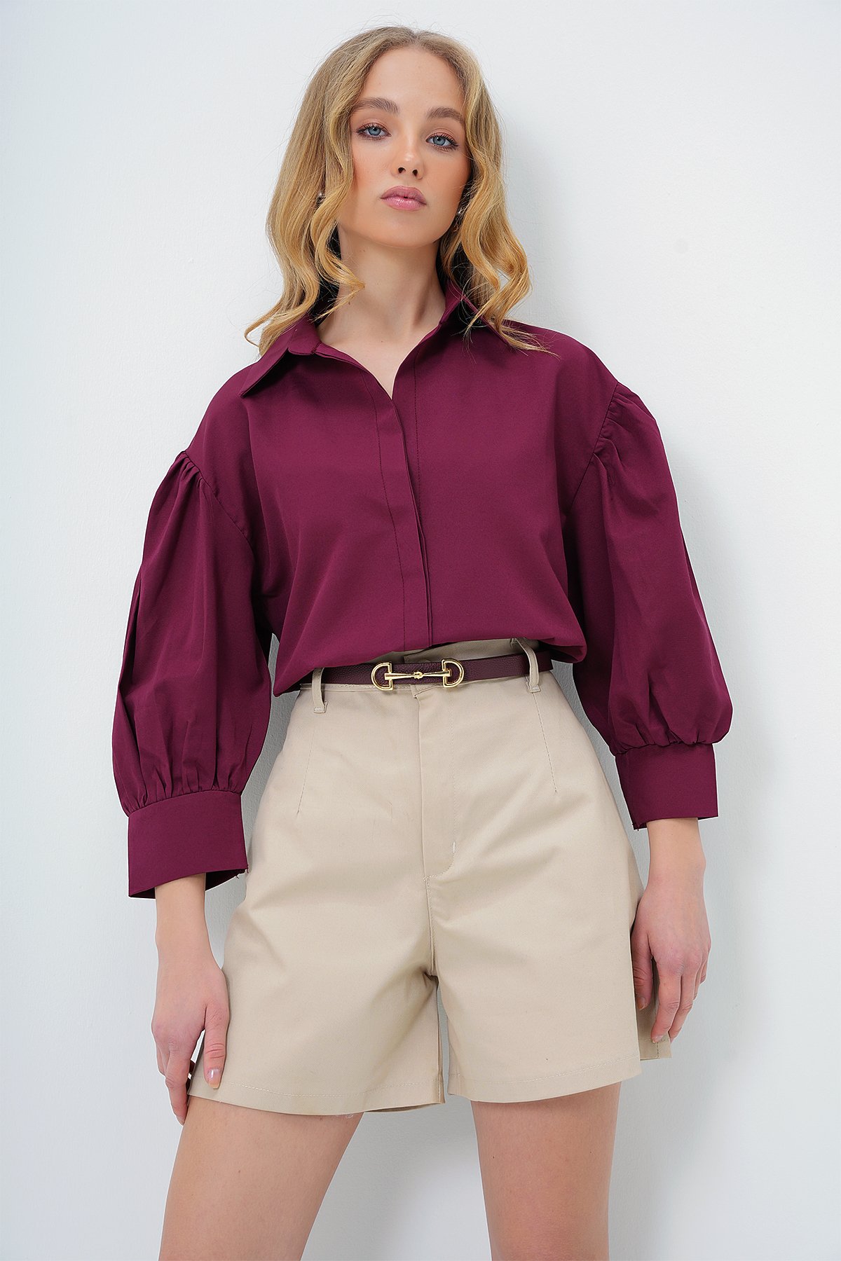 Balon Kol Gizli Patlı Basic Poplin Gömlek - BORDO