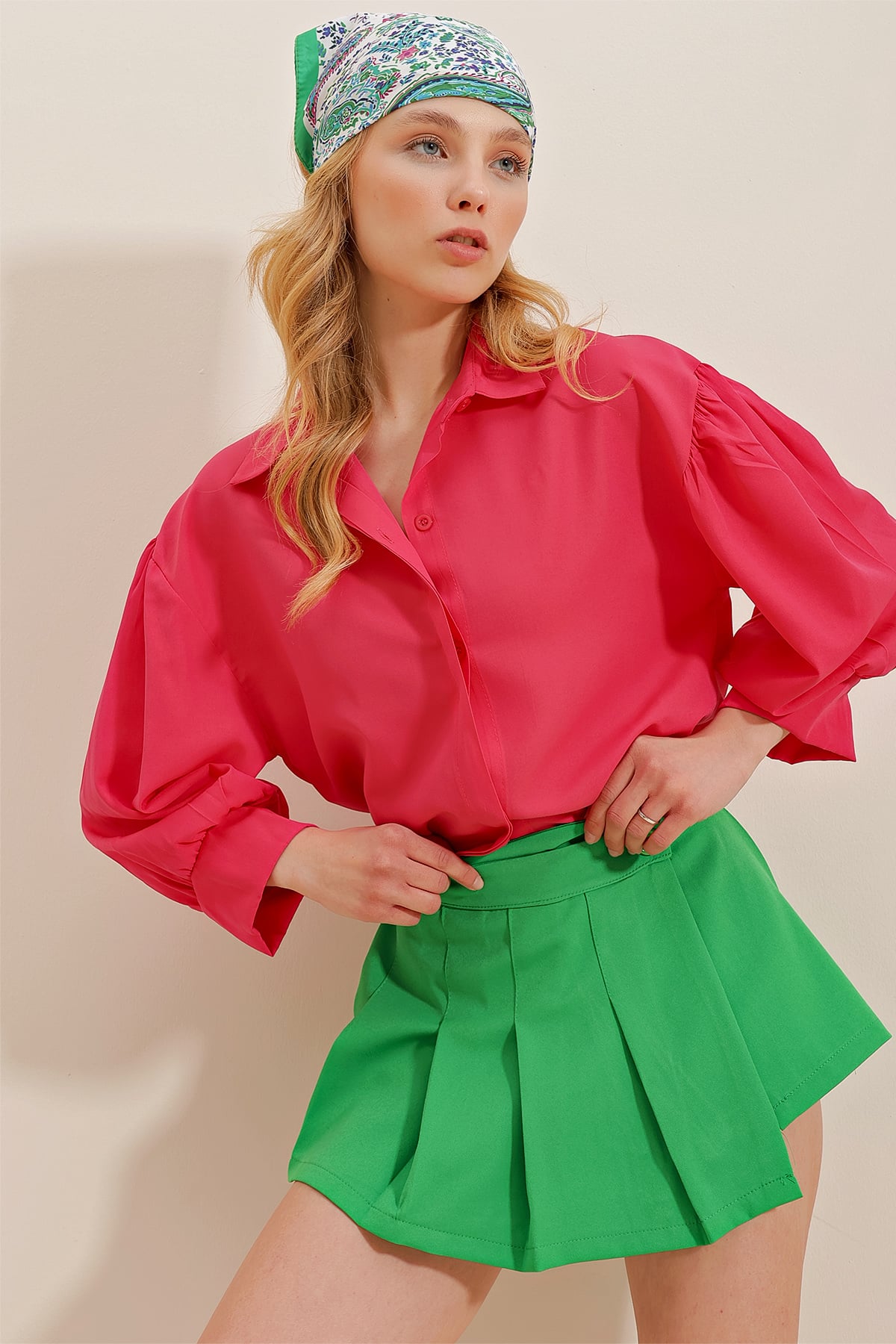 Balon Kol Gizli Patlı Basic Poplin Gömlek - Fuşya