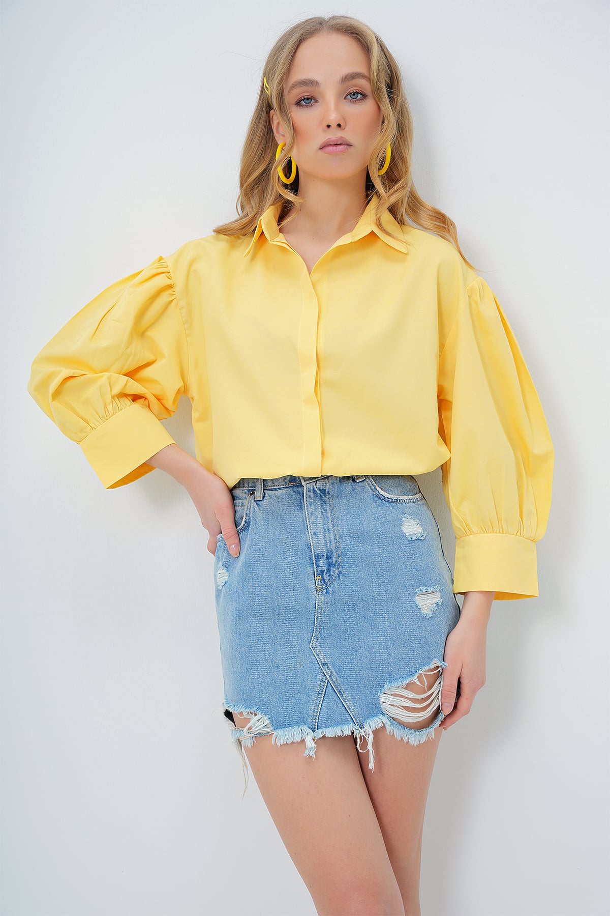 Balon Kol Gizli Patlı Basic Poplin Gömlek - SARI
