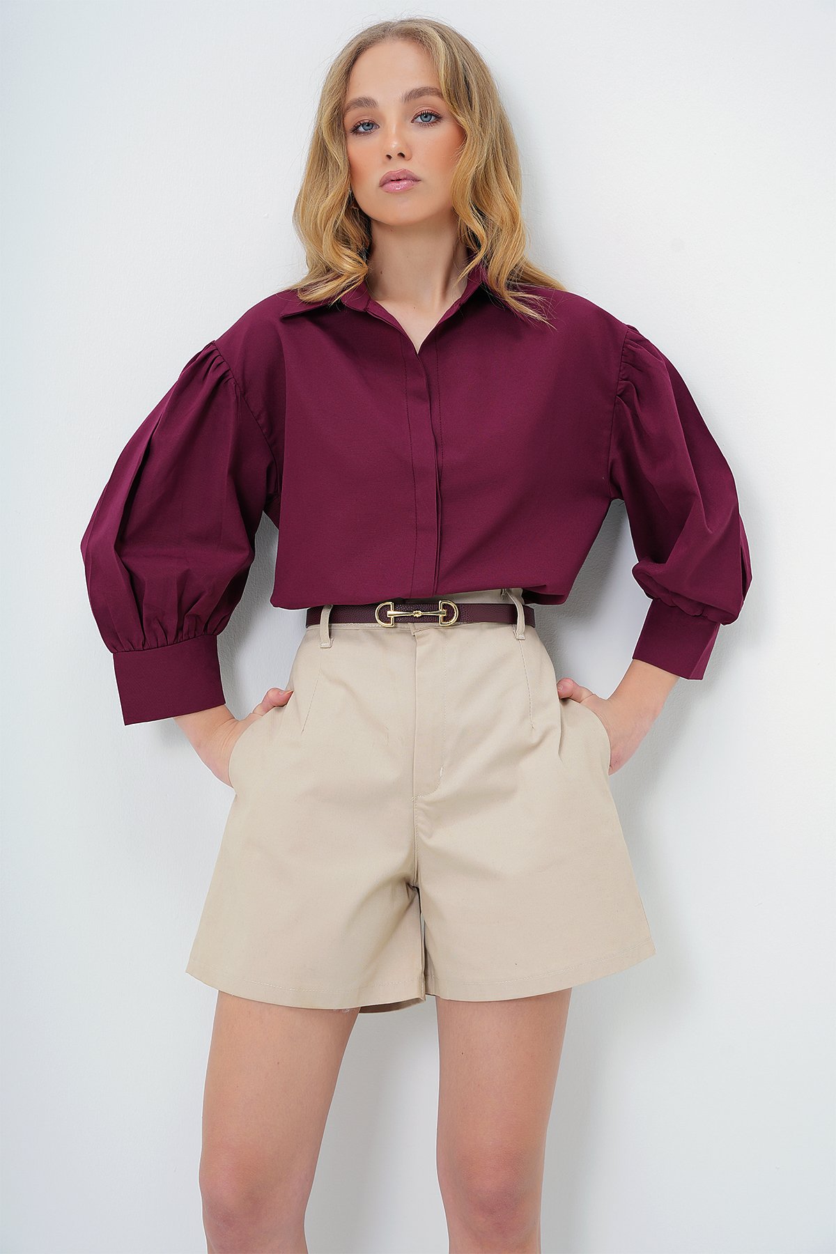 Balon Kol Gizli Patlı Basic Poplin Gömlek - BORDO