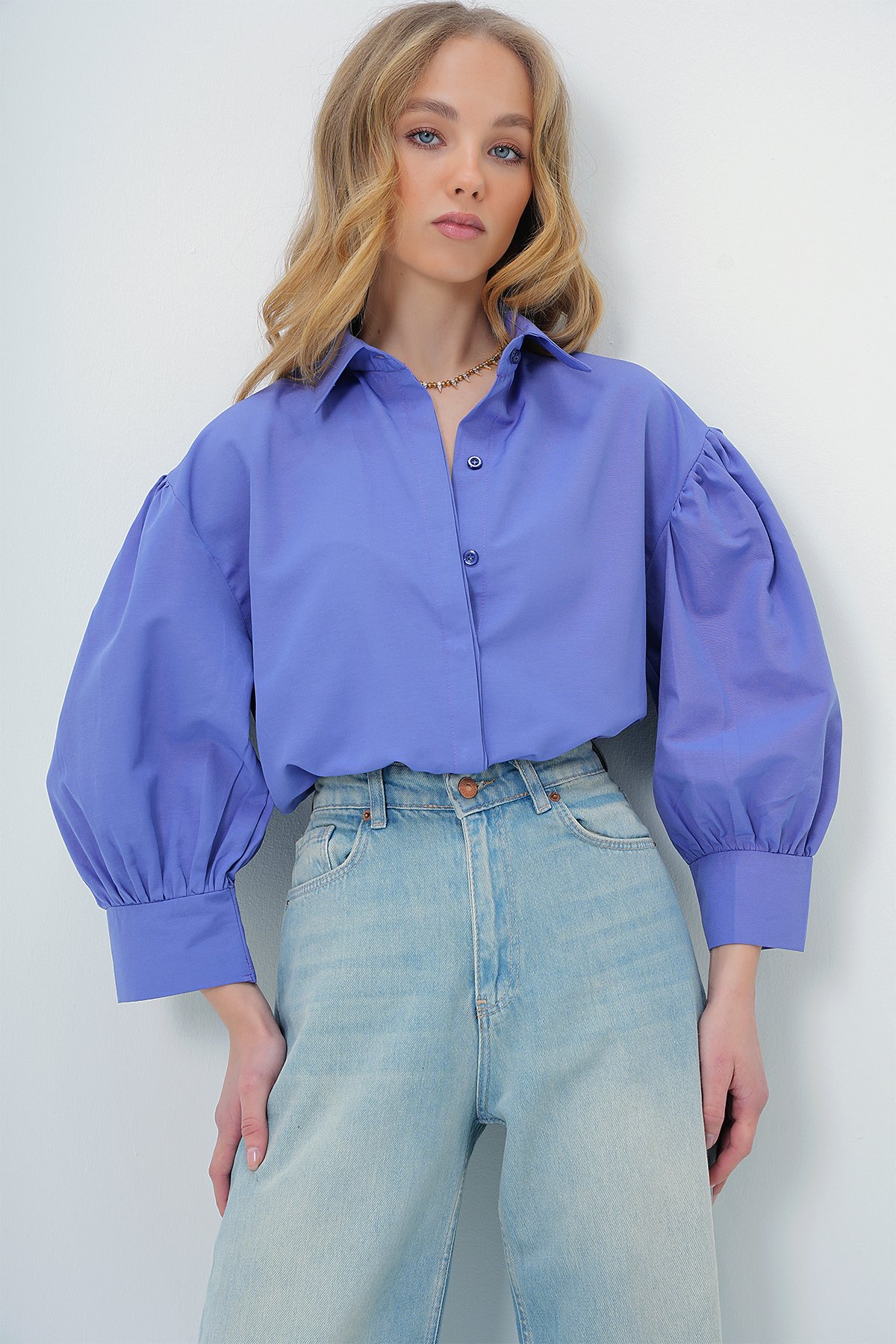 Balon Kol Gizli Patlı Basic Poplin Gömlek - LİLA