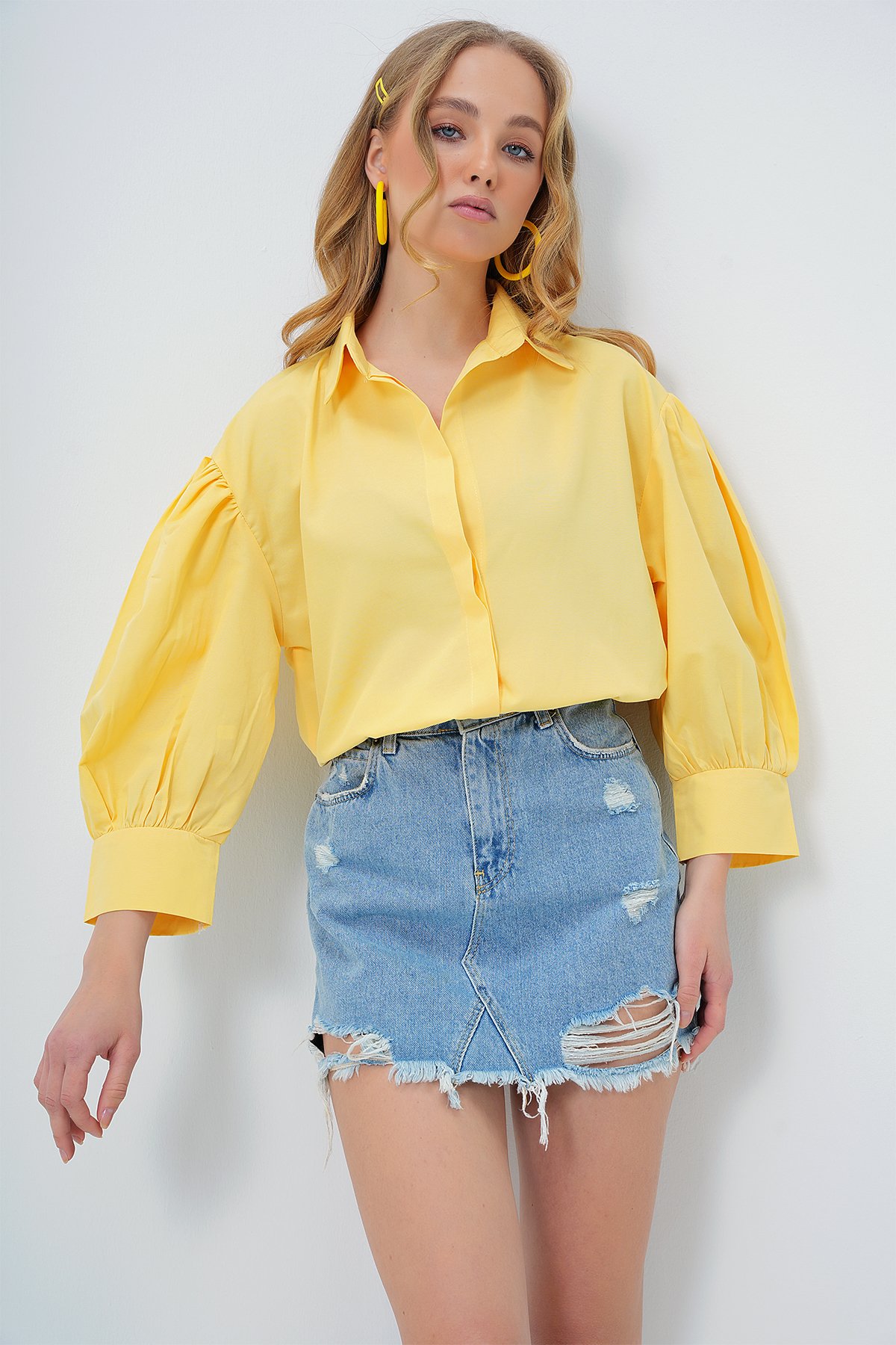 Balon Kol Gizli Patlı Basic Poplin Gömlek - SARI