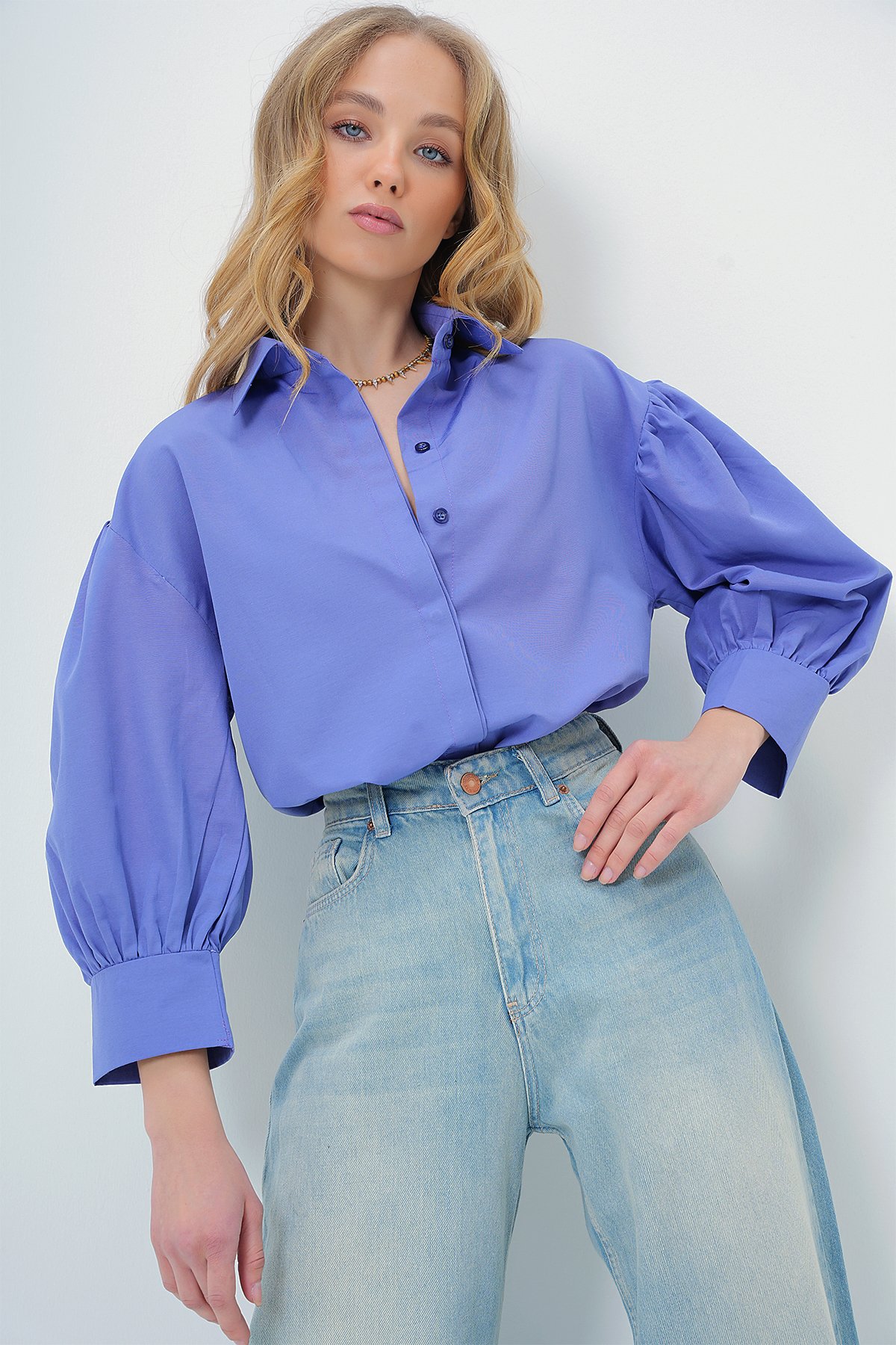 Balon Kol Gizli Patlı Basic Poplin Gömlek - LİLA