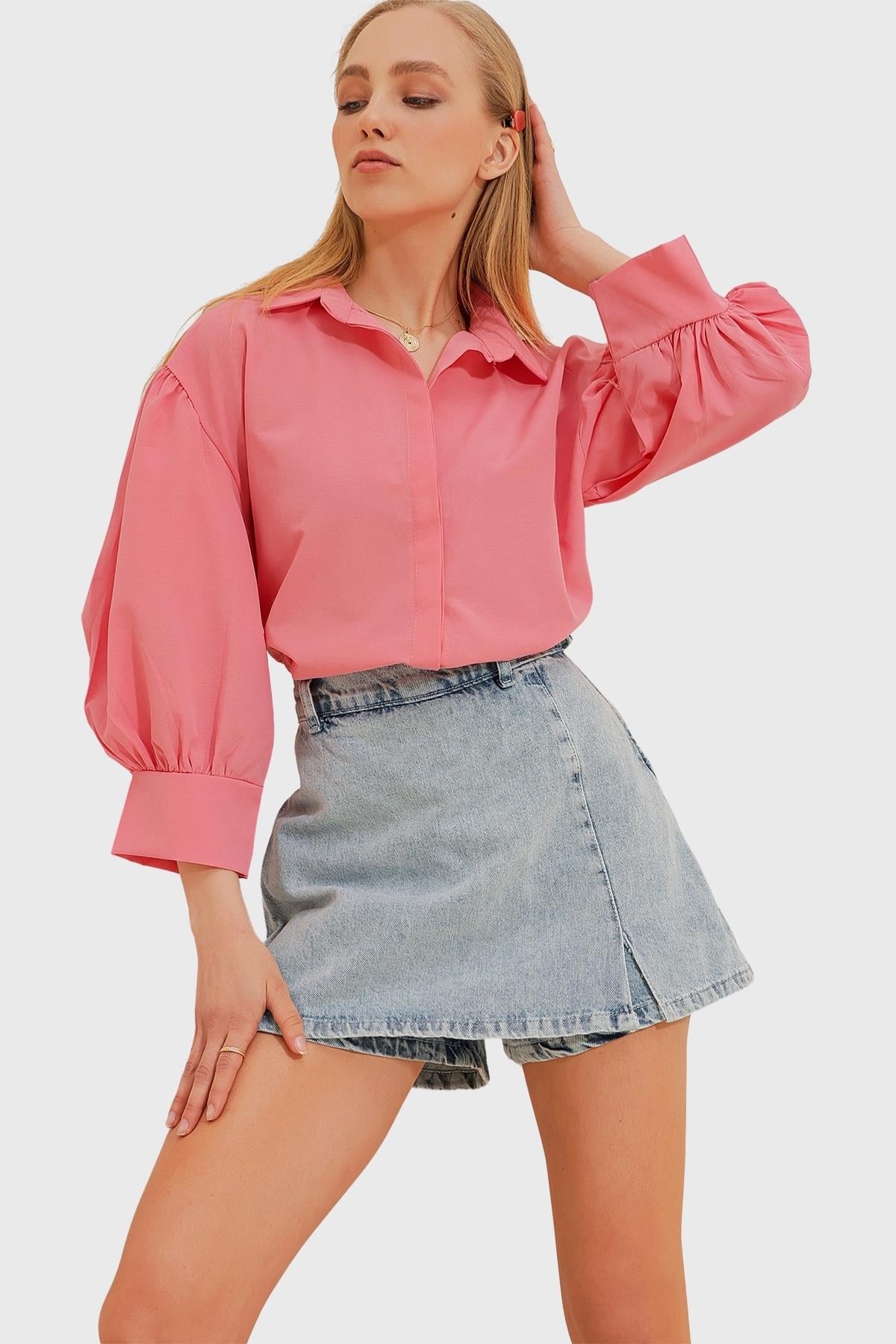 Balon Kol Gizli Patlı Basic Poplin Gömlek - Pembe
