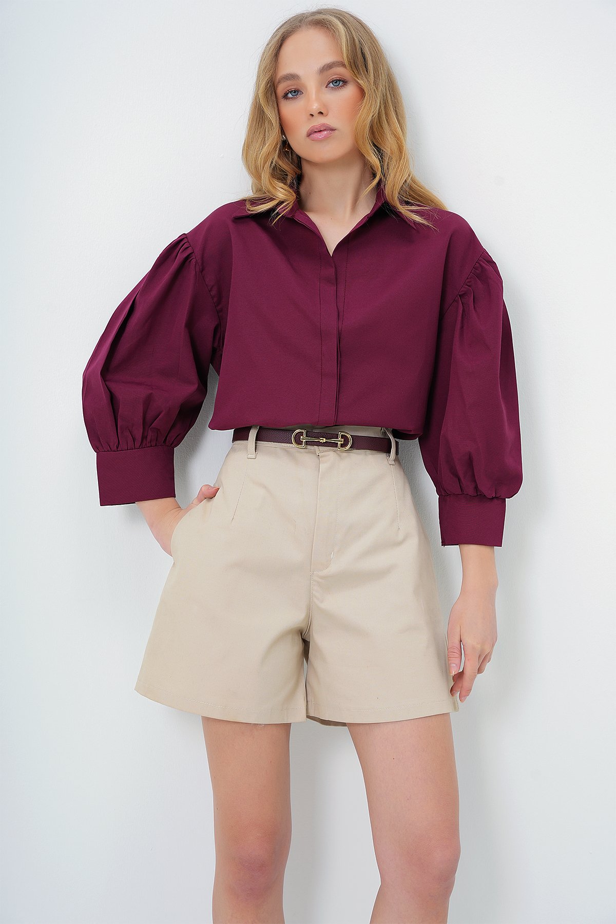 Balon Kol Gizli Patlı Basic Poplin Gömlek - BORDO