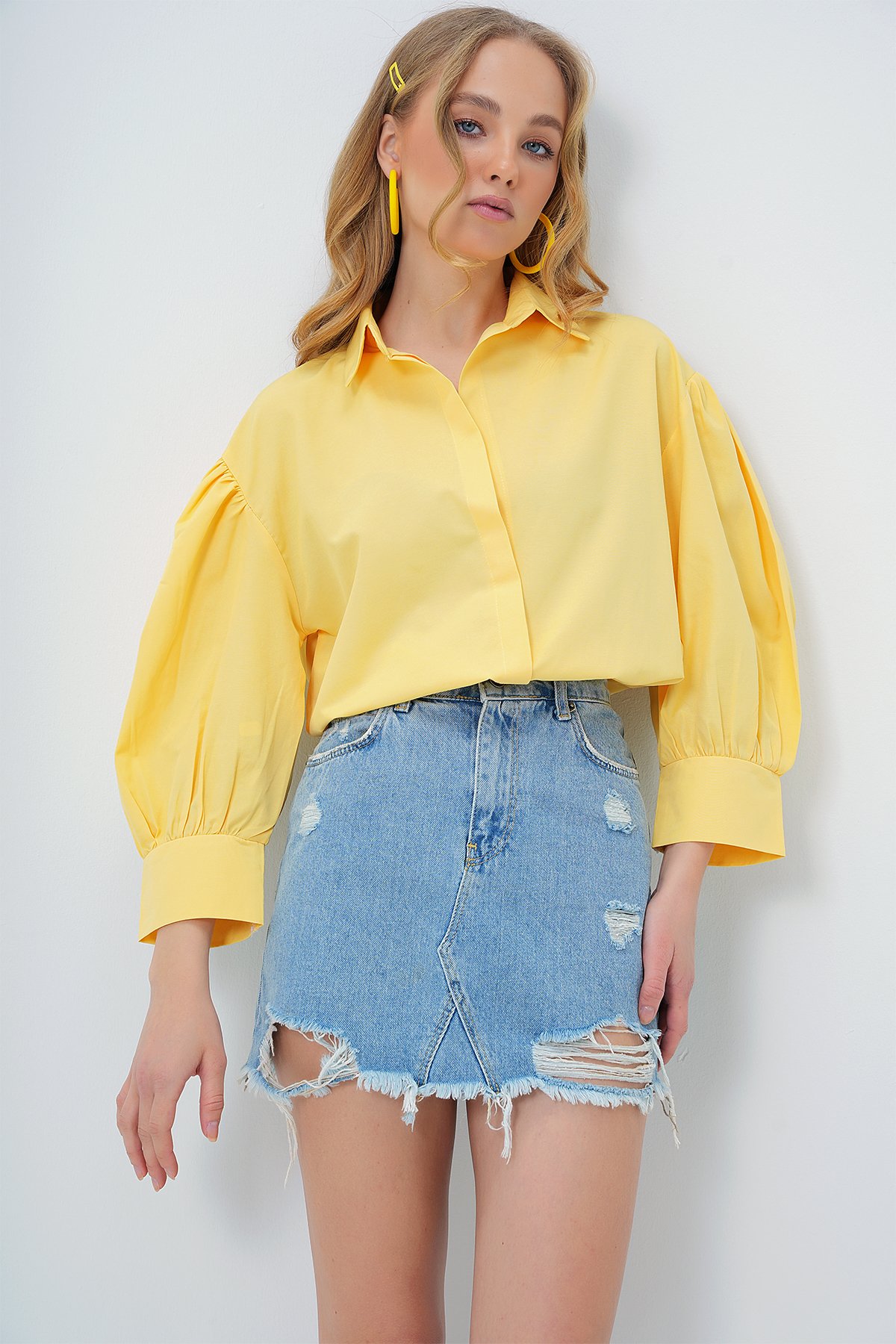 Balon Kol Gizli Patlı Basic Poplin Gömlek - SARI