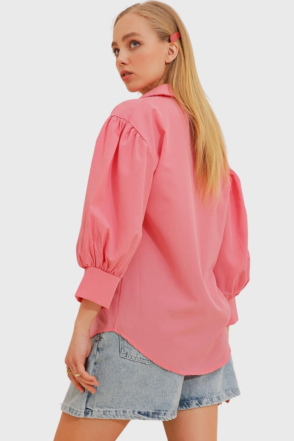 Balon Kol Gizli Patlı Basic Poplin Gömlek - Pembe