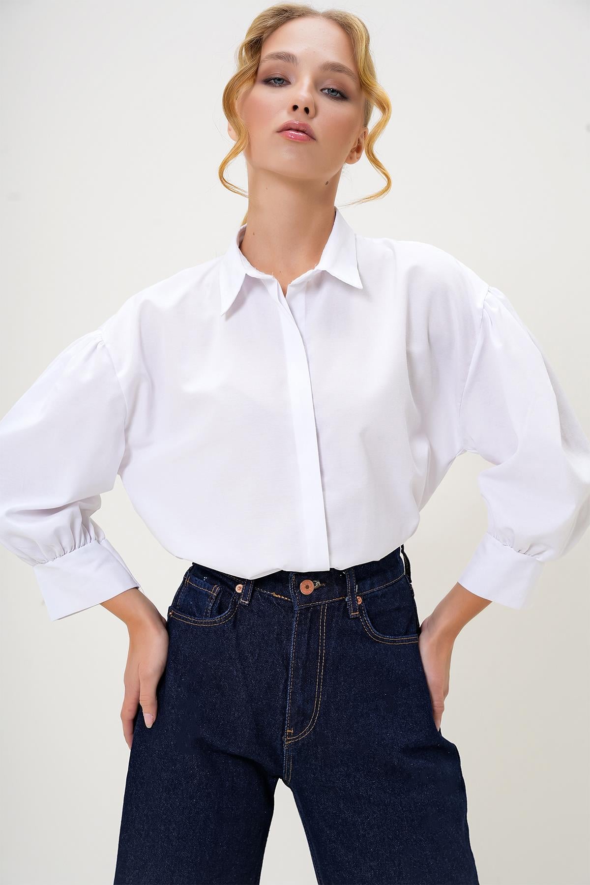 Balon Kol Gizli Patlı Basic Poplin Gömlek - Beyaz