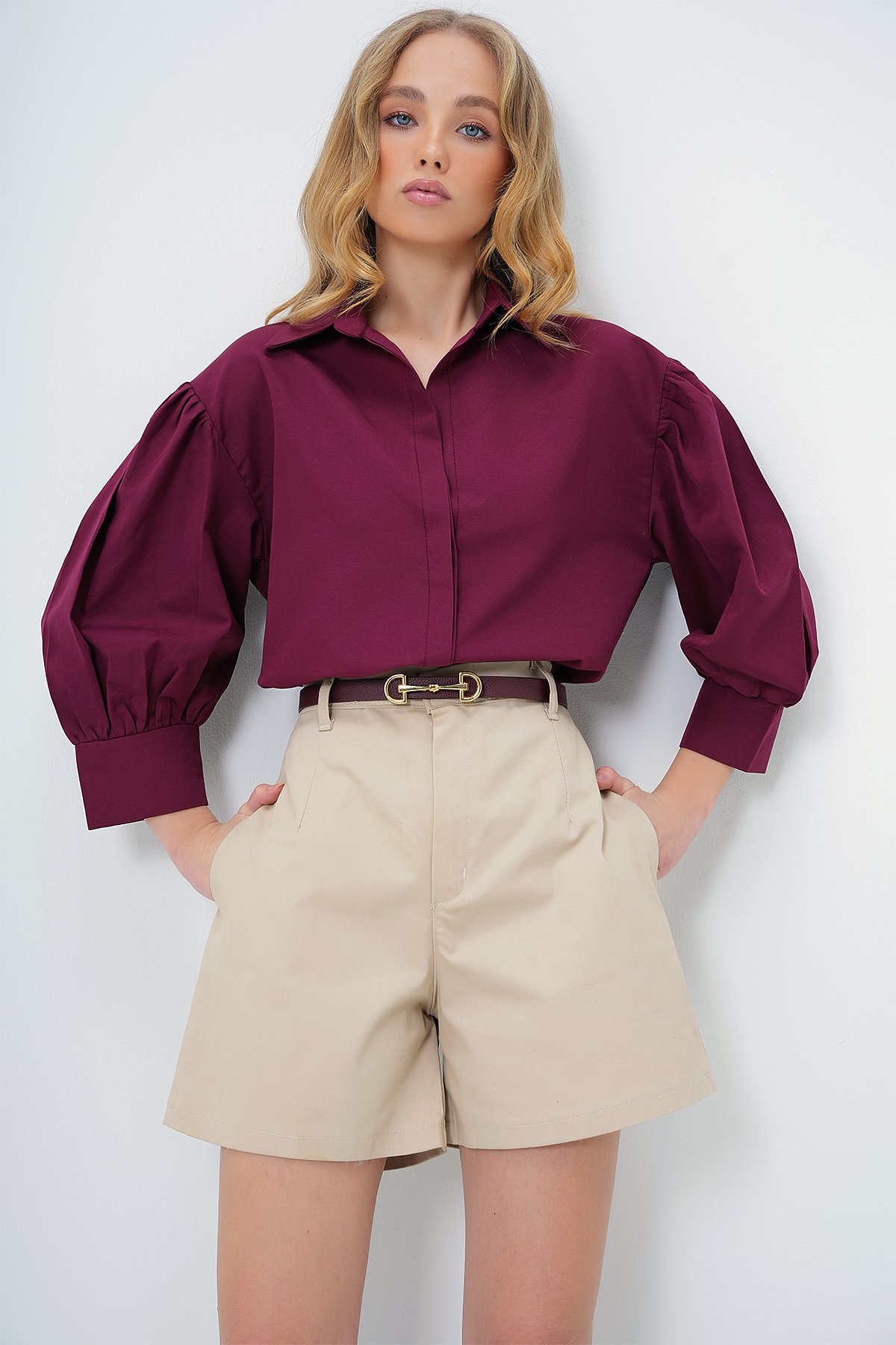 Balon Kol Gizli Patlı Basic Poplin Gömlek - BORDO