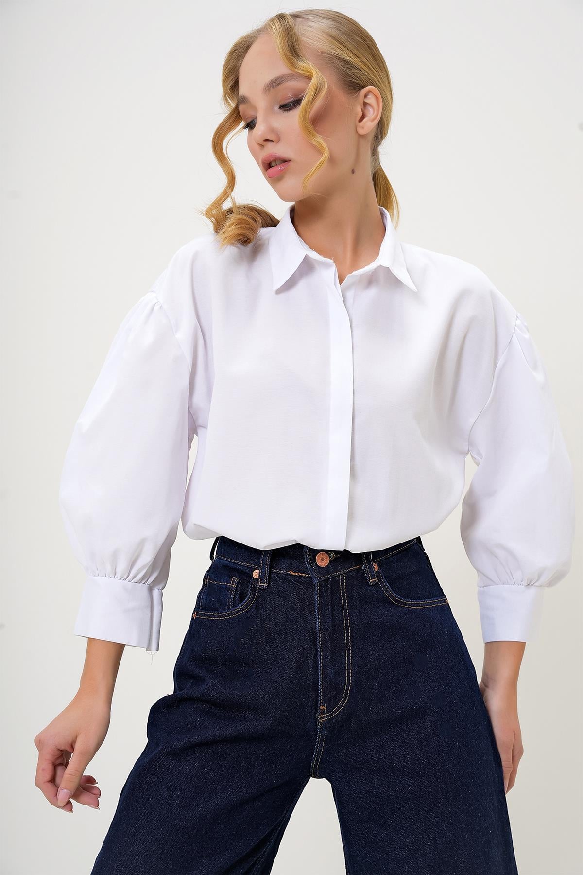 Balon Kol Gizli Patlı Basic Poplin Gömlek - Beyaz
