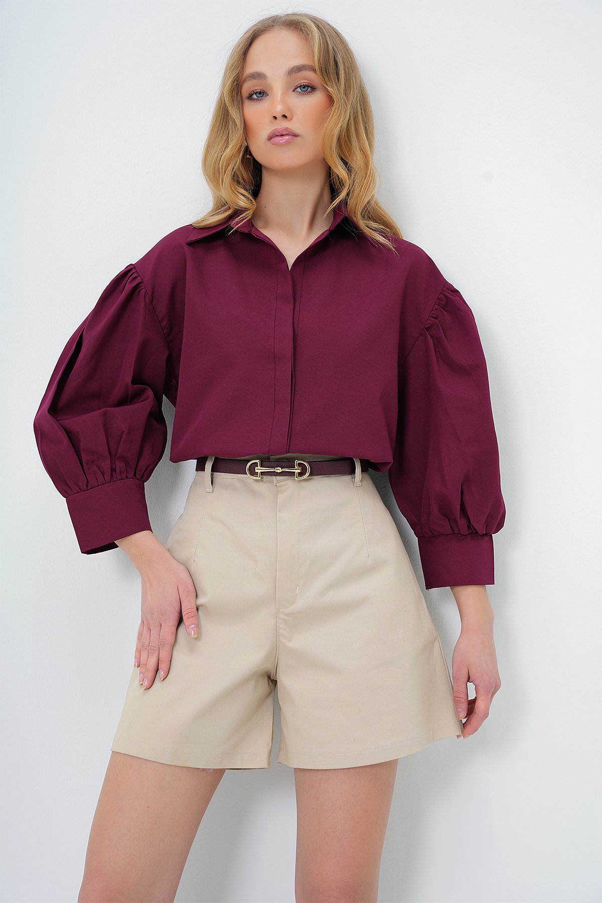 Balon Kol Gizli Patlı Basic Poplin Gömlek - BORDO