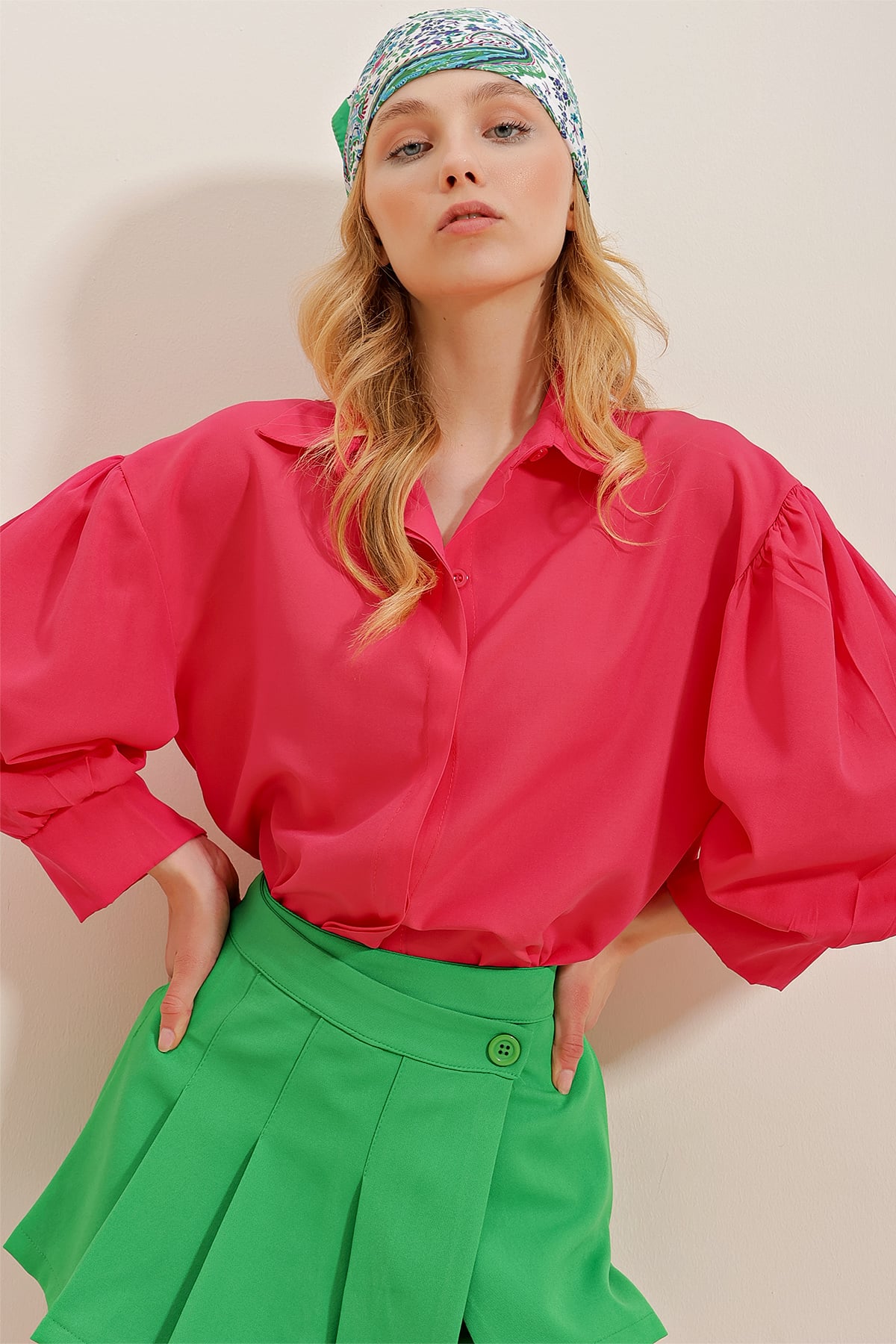 Balon Kol Gizli Patlı Basic Poplin Gömlek - Fuşya