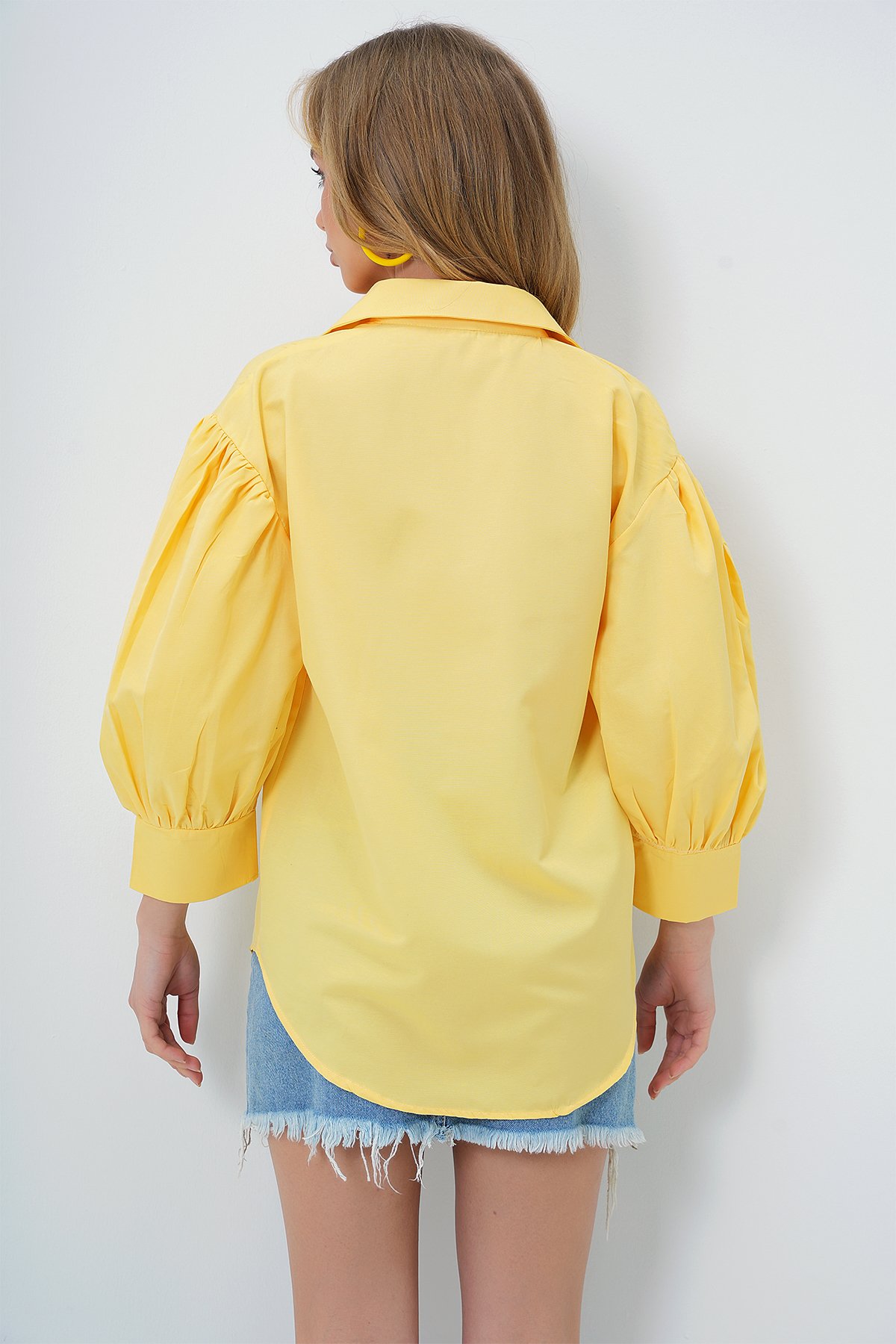 Balon Kol Gizli Patlı Basic Poplin Gömlek - SARI