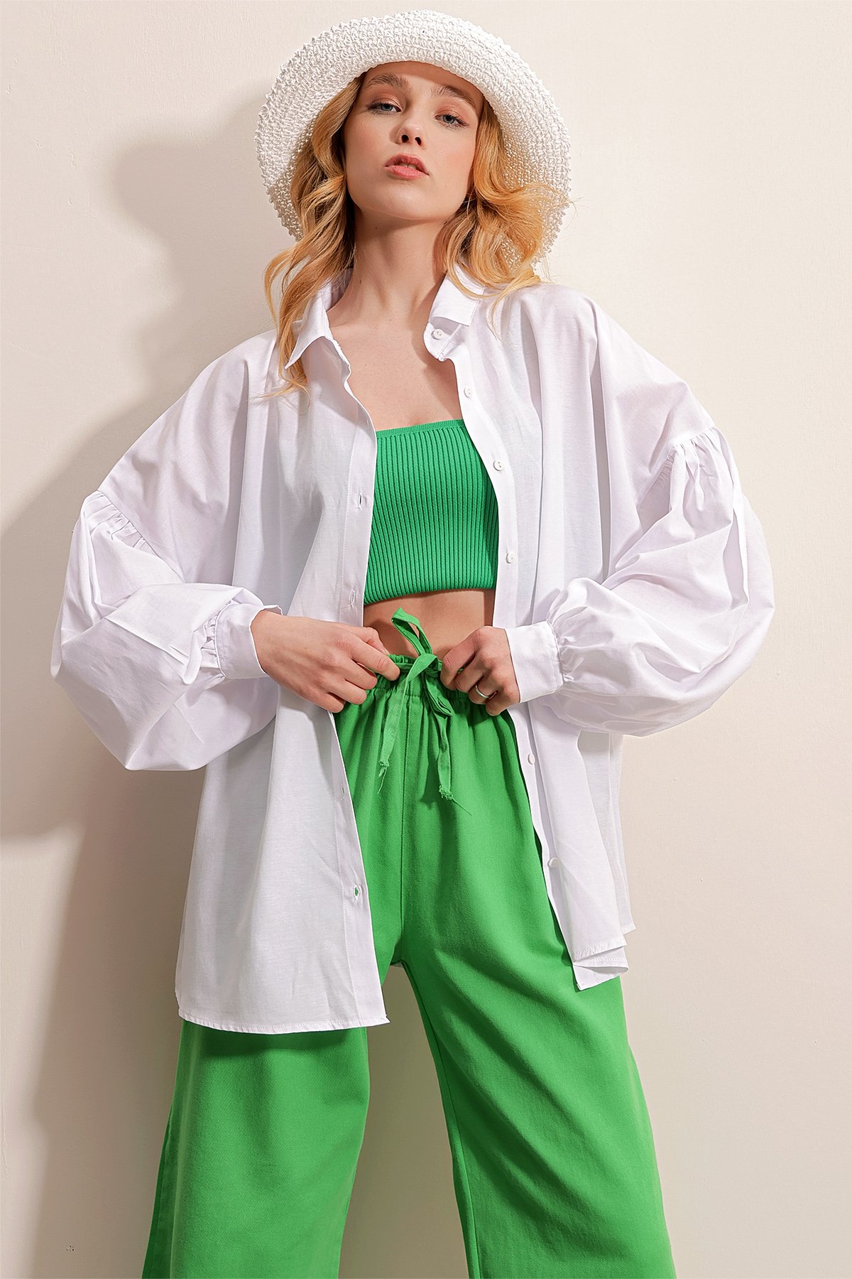 Balon Kol Oversize Poplin Dokuma Gömlek - Beyaz