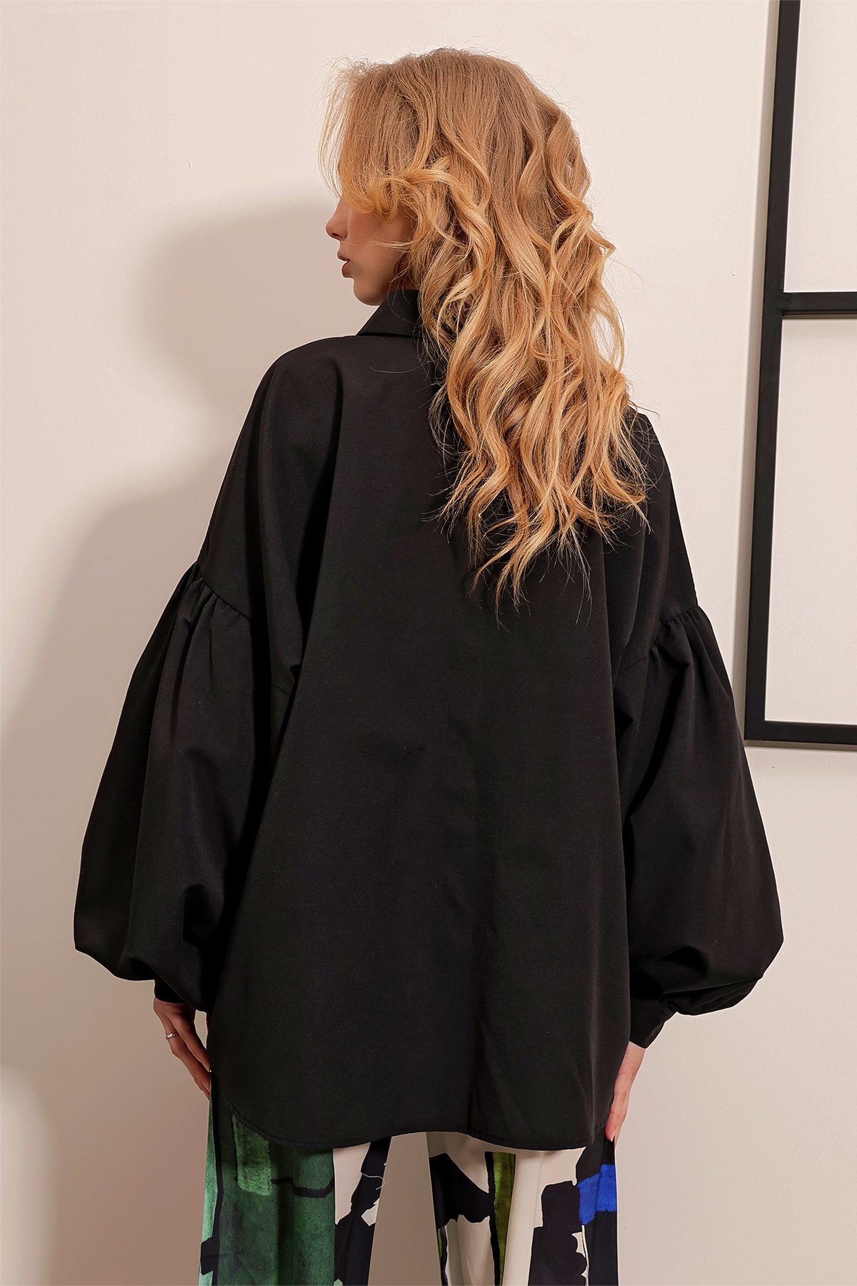 Balon Kol Oversize Poplin Dokuma Gömlek - Siyah