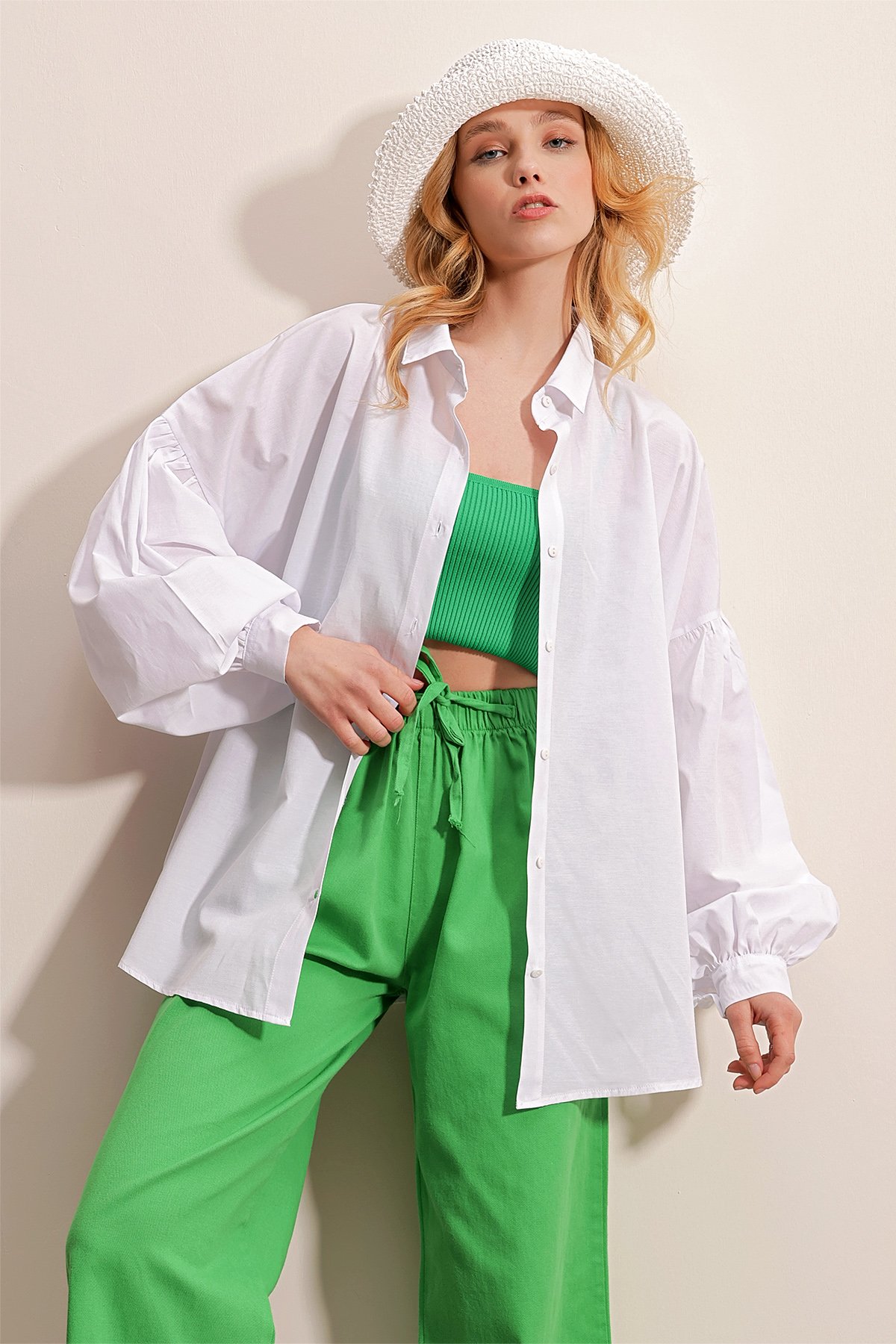 Balon Kol Oversize Poplin Dokuma Gömlek - Beyaz